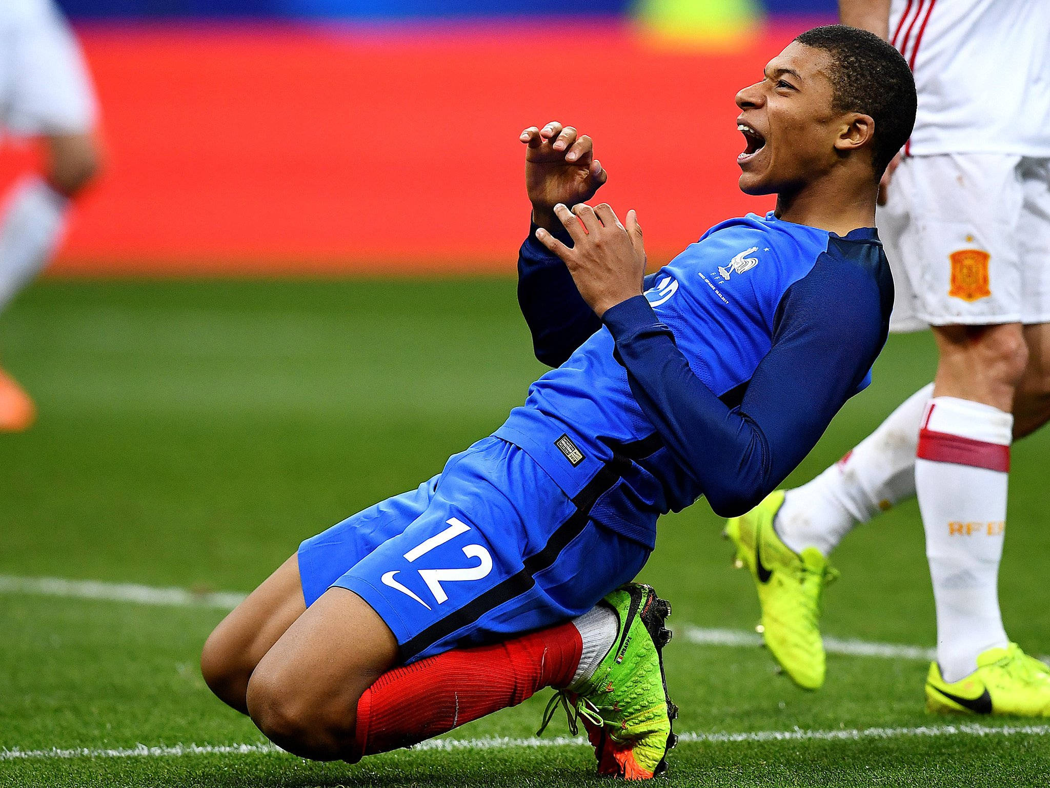 Kylian Mbappe, blue jersey, grass, Full HD Desktop Wallpaper