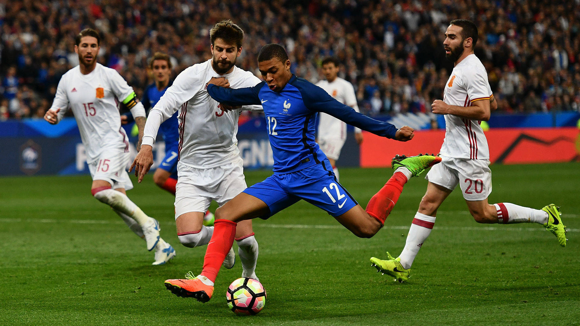 Kylian Mbappe, blue jersey, Spanish defenders, Full HD Desktop Wallpaper