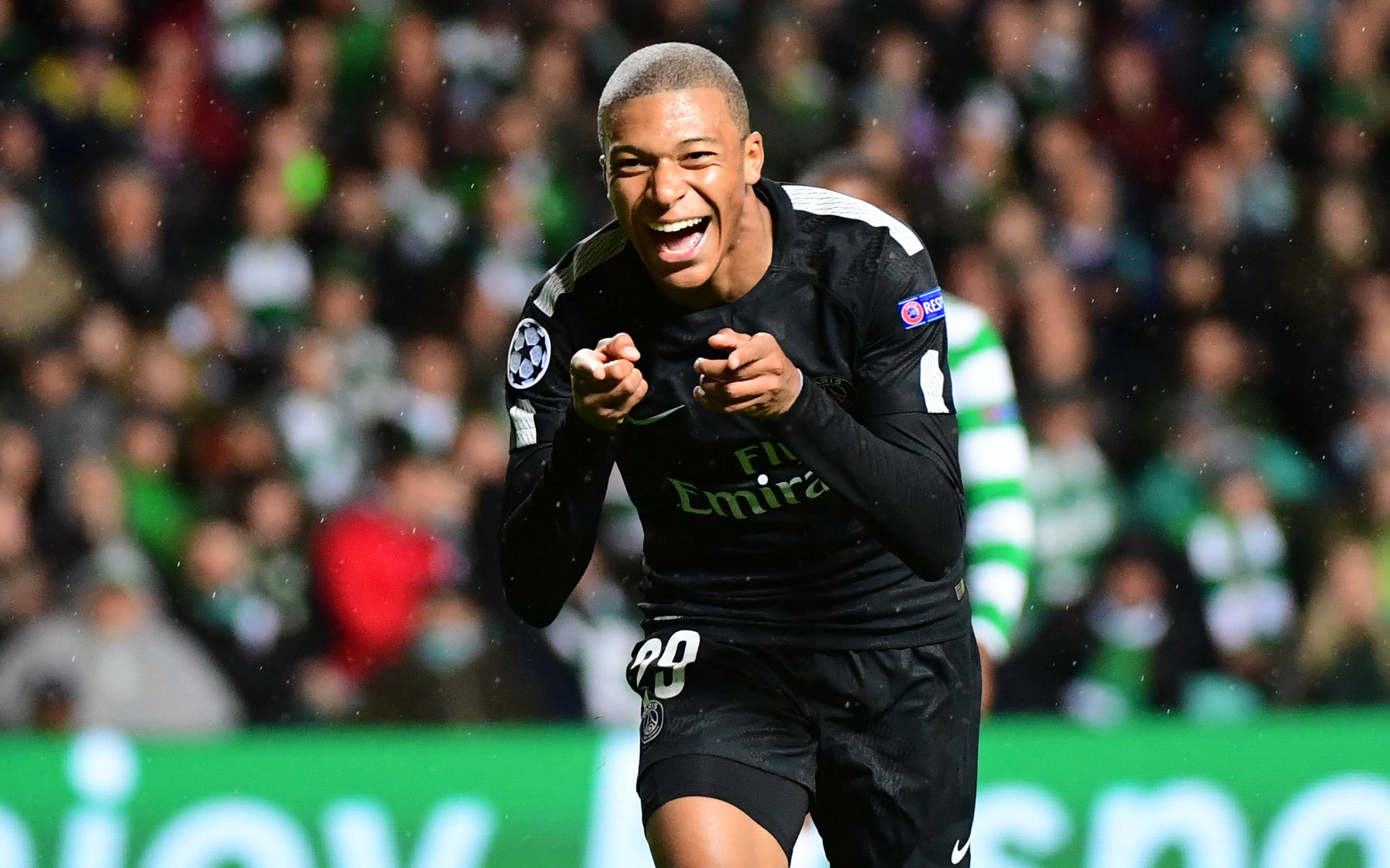 Kylian Mbappe, black jersey, rainy stadium field, 2K Desktop Wallpaper