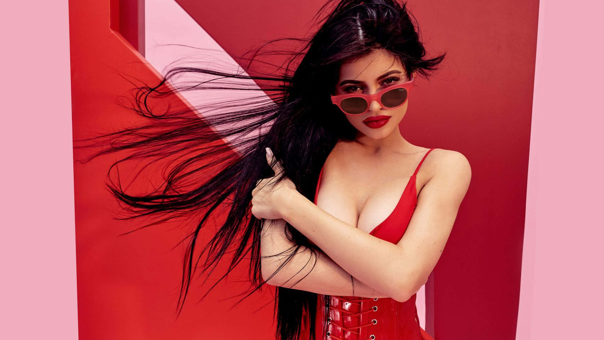 Kylie Jenner, red corset, sunglasses, Full HD Desktop Wallpaper