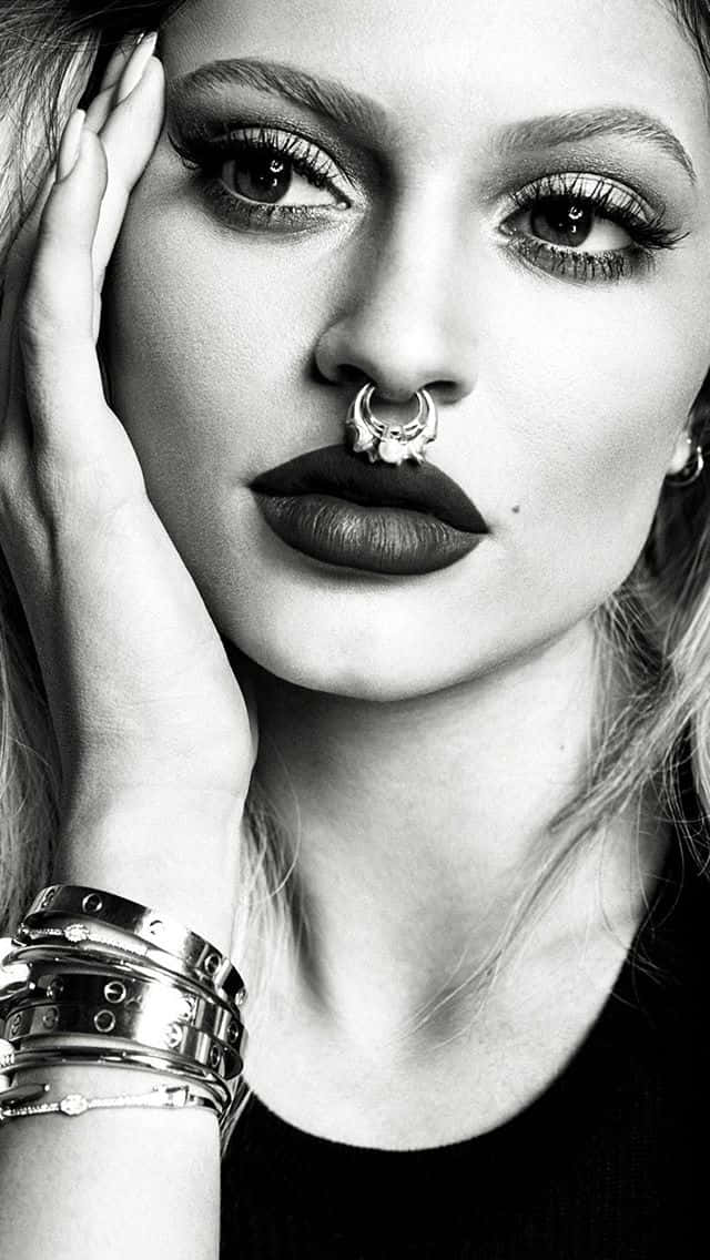 Kylie Jenner, jewelry piercing, black and white portrait, SD Phone Wallpaper