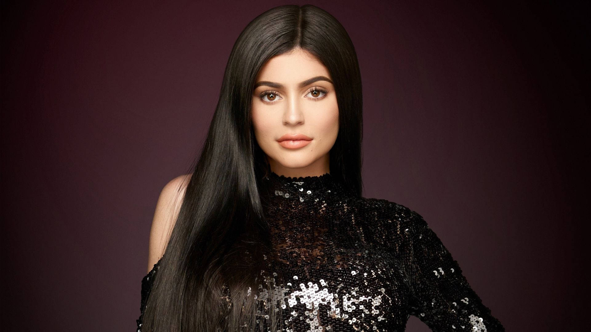 Kylie Jenner, black sequined dress, long black hair, Full HD Desktop Wallpaper