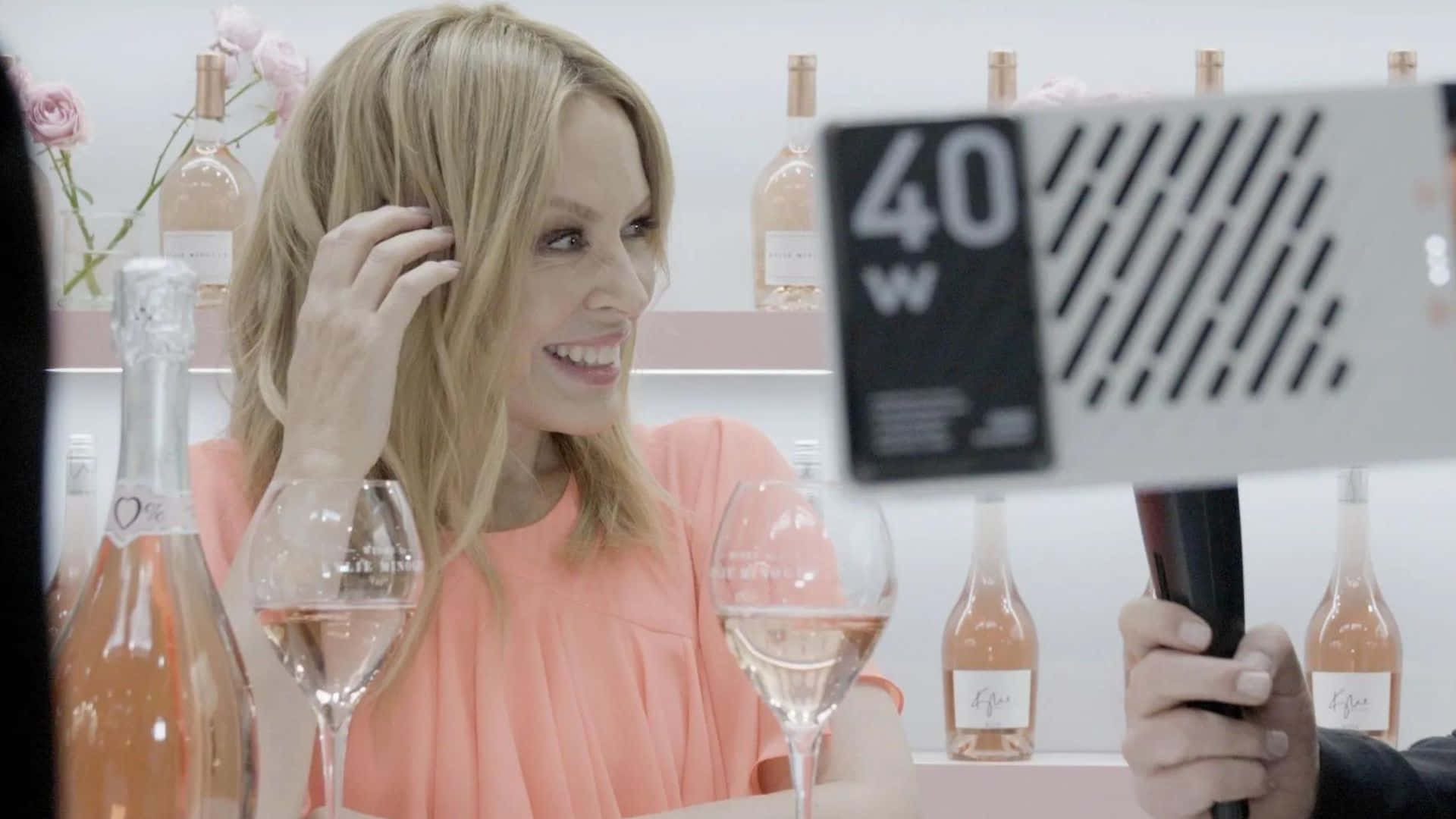 Kylie Minogue, peach dress, rose wine glasses, Full HD Desktop Wallpaper