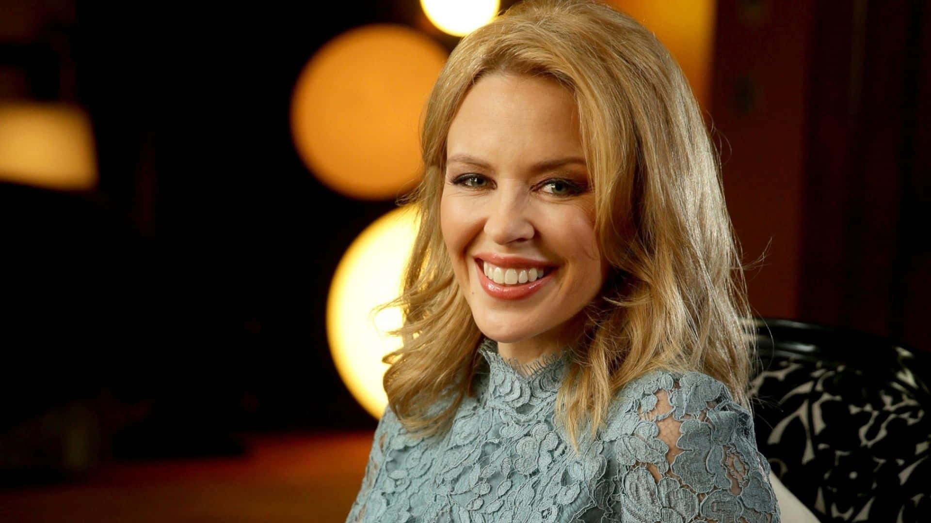 Kylie Minogue, blue lace top, warm bokeh lights, Full HD Desktop Wallpaper