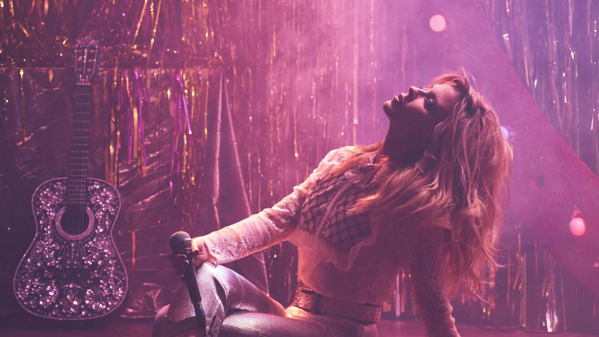 Kylie Minogue, purple stage lights, glittering guitar, Full HD Desktop Wallpaper