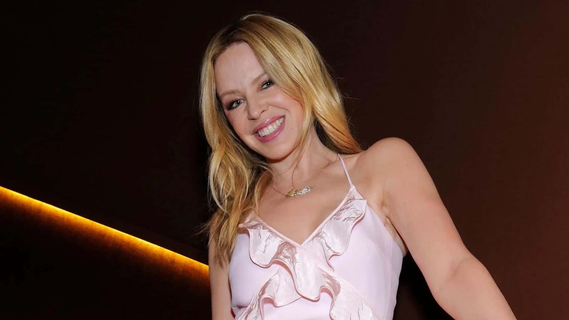 Kylie Minogue, light pink ruffled top, blonde woman, Full HD Desktop Wallpaper