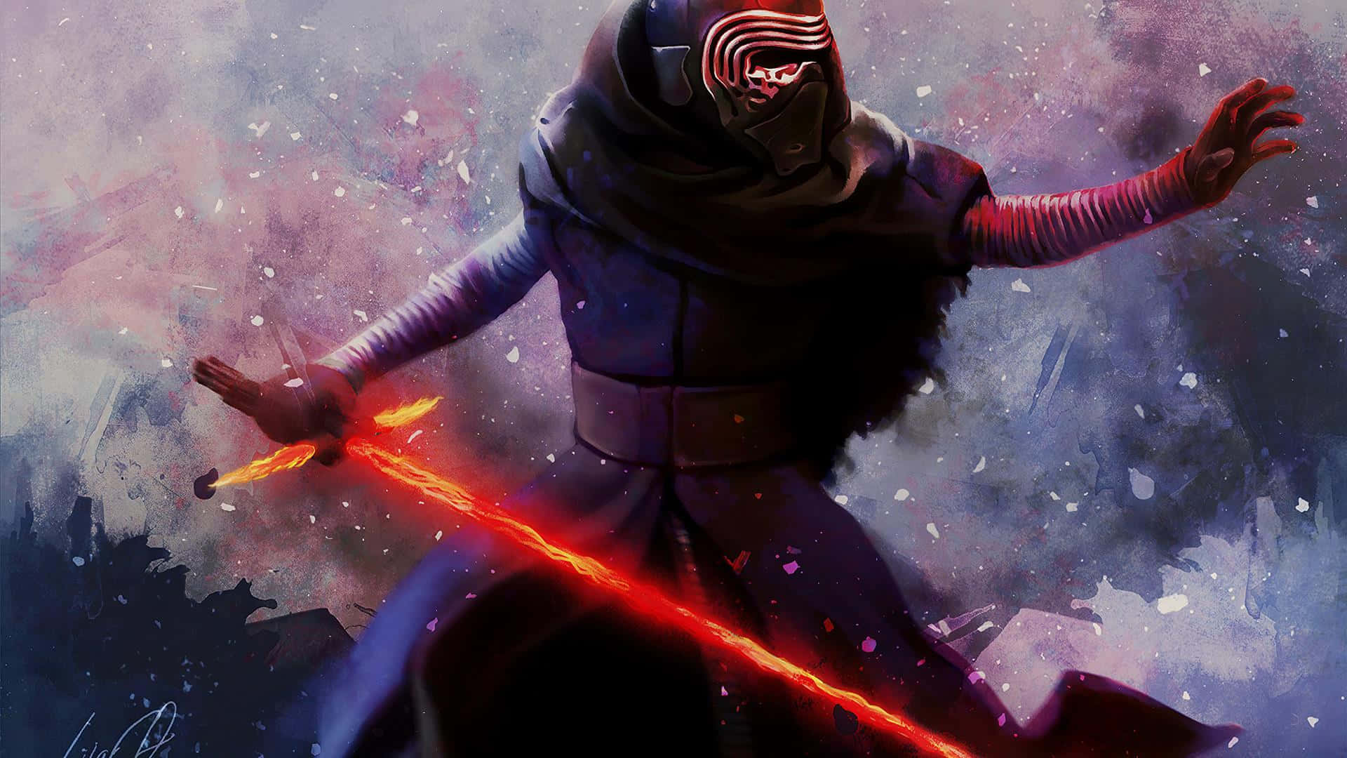 Kylo Ren, glowing red lightsaber, purple and blue nebulae, Full HD Desktop Wallpaper