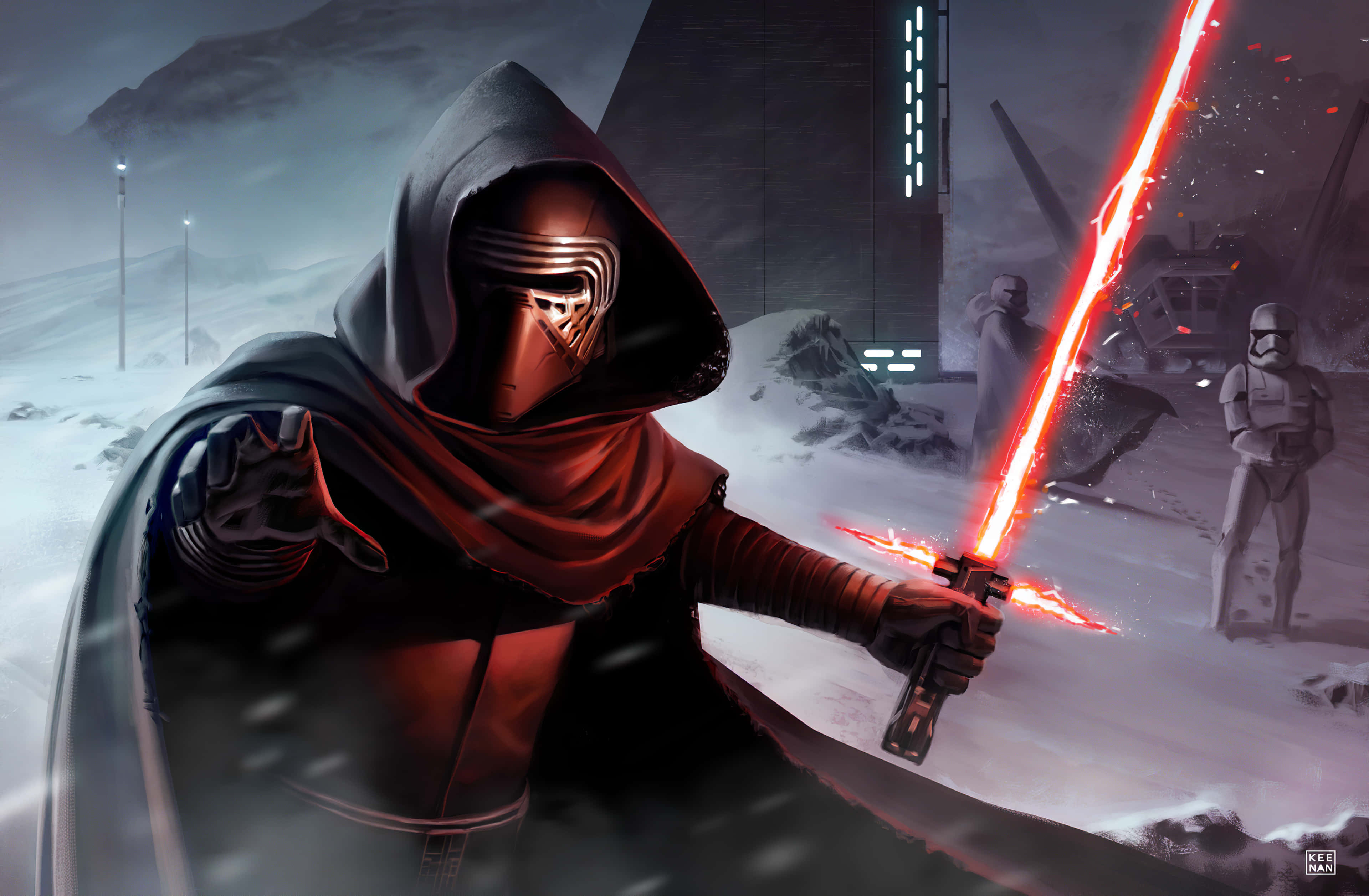 Kylo Ren, red lightsaber, snowy battle scene, 4K Desktop Wallpaper