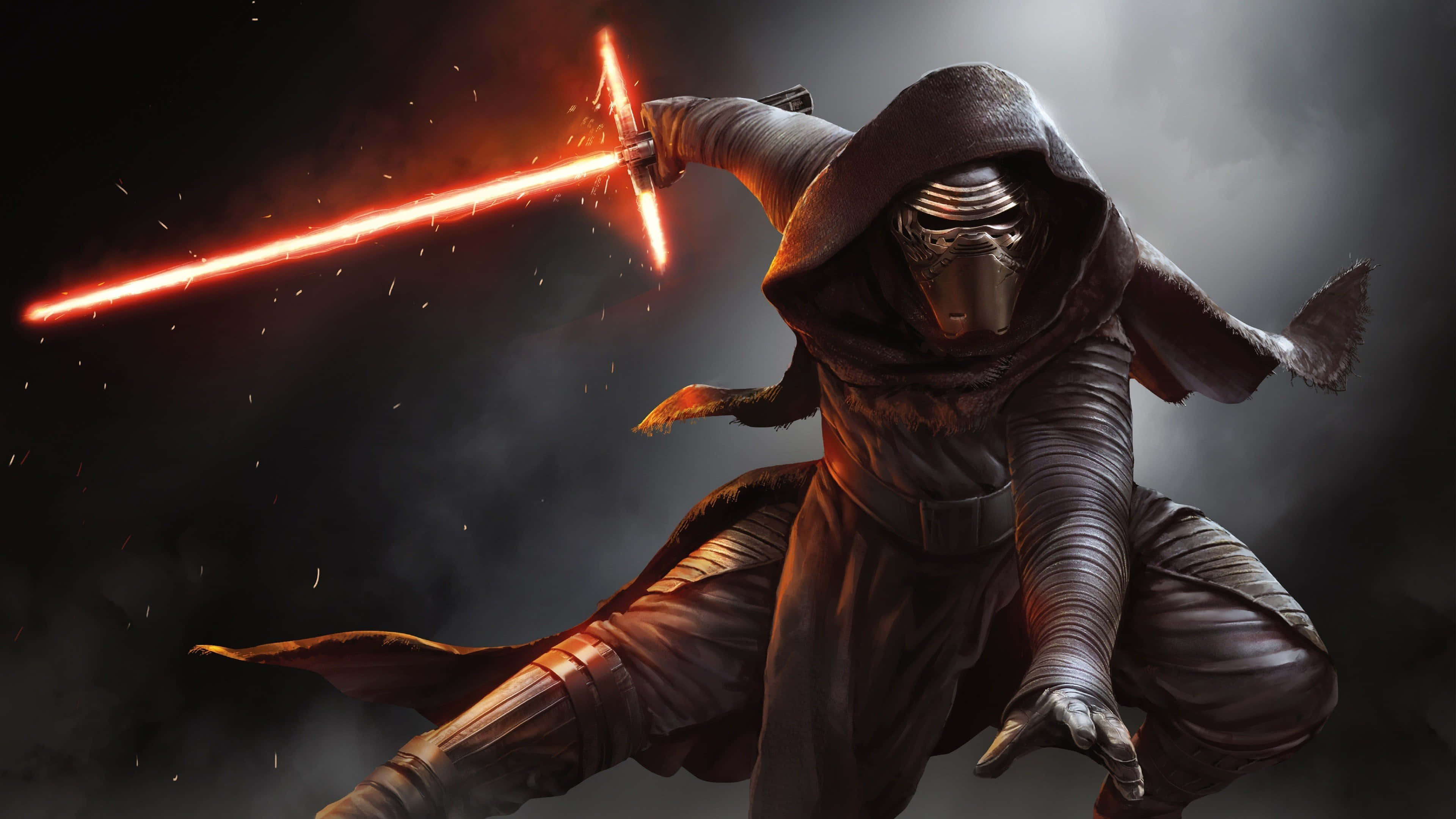 Kylo Ren, glowing red lightsaber, dark cloaked figure, 4K Desktop Wallpaper