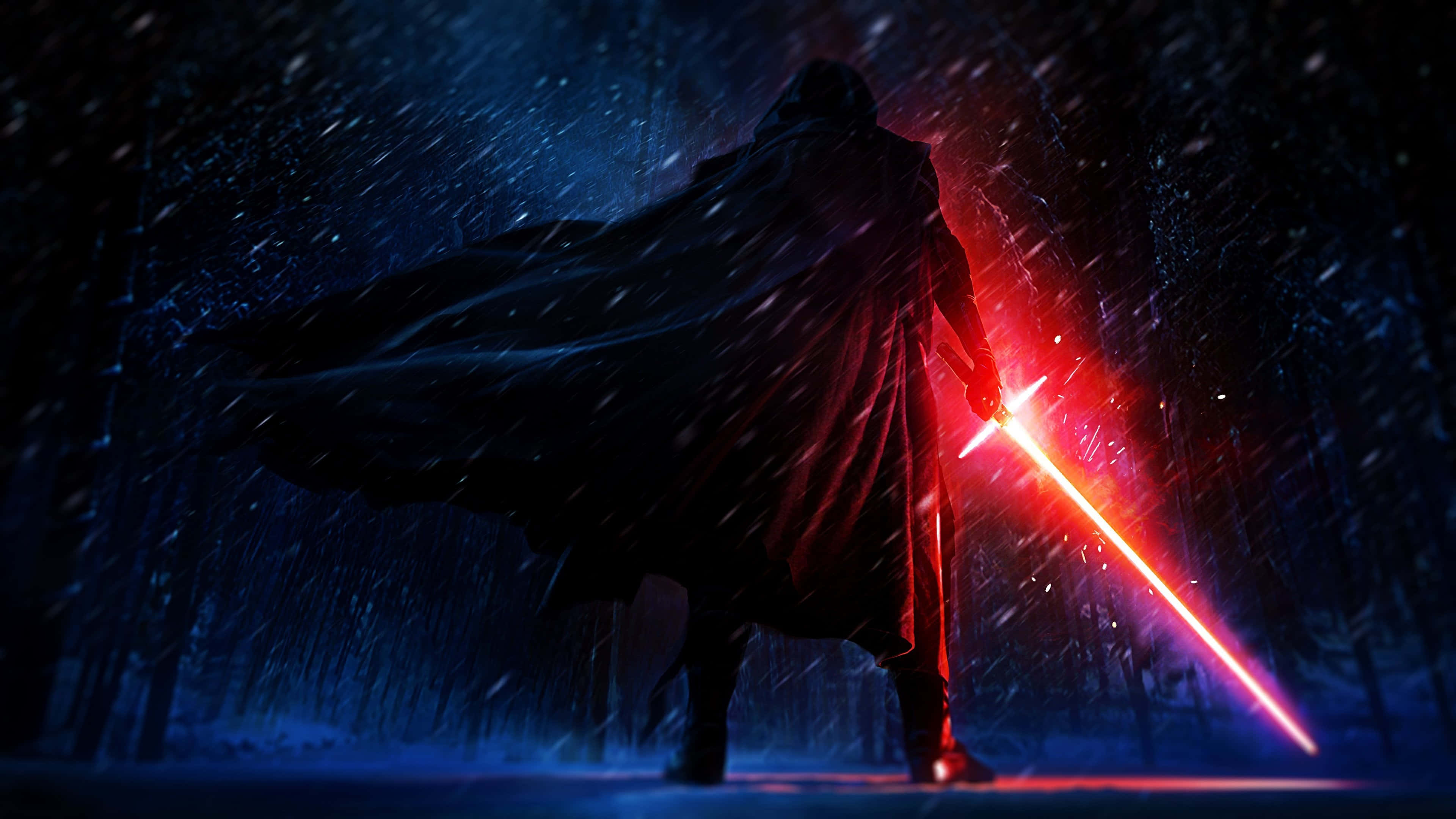 Kylo Ren, glowing red lightsaber, snowy forest, 4K Desktop Wallpaper