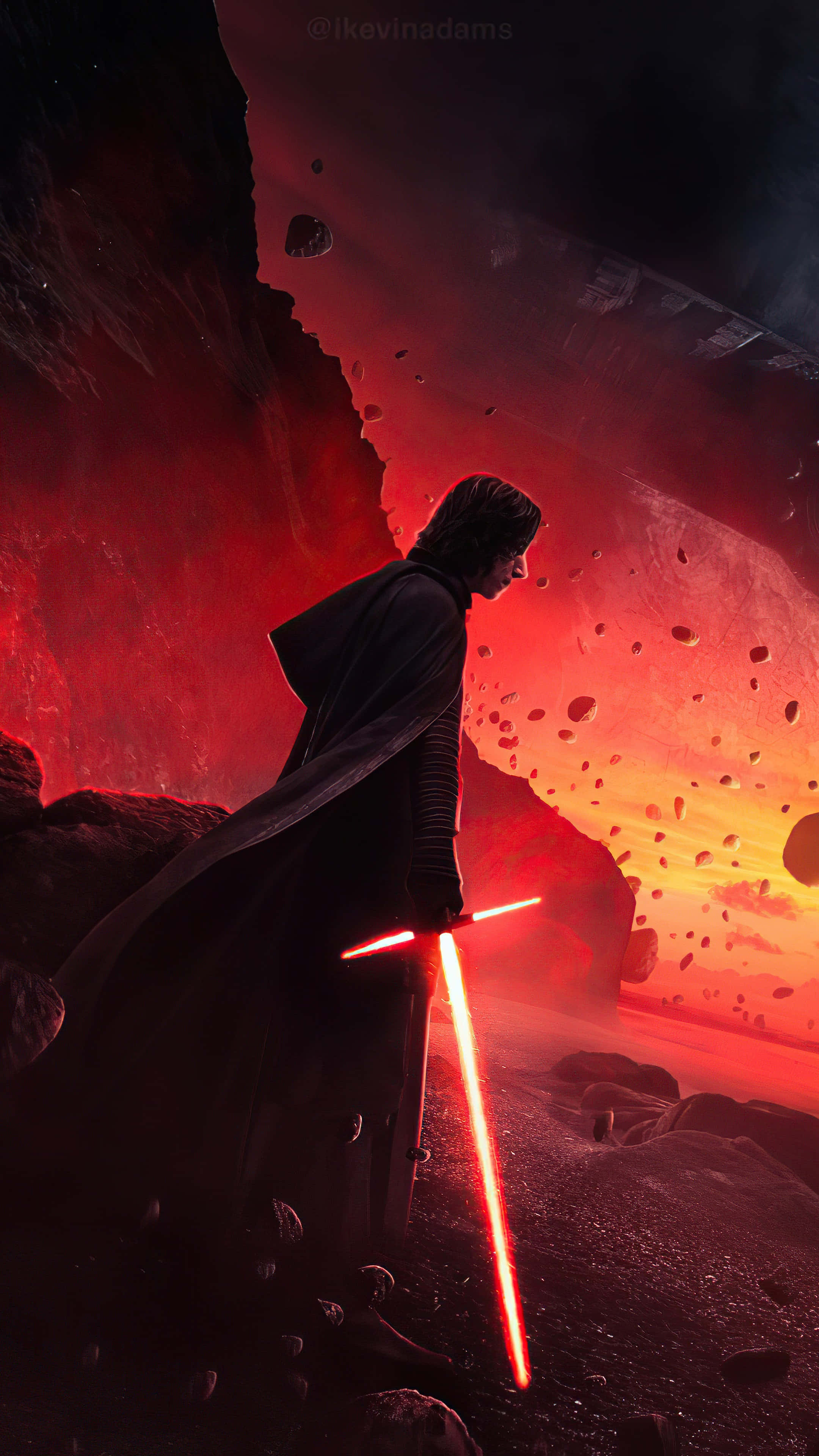 Kylo Ren, red lightsaber, fiery red and orange alien landscape, 4K Phone Wallpaper