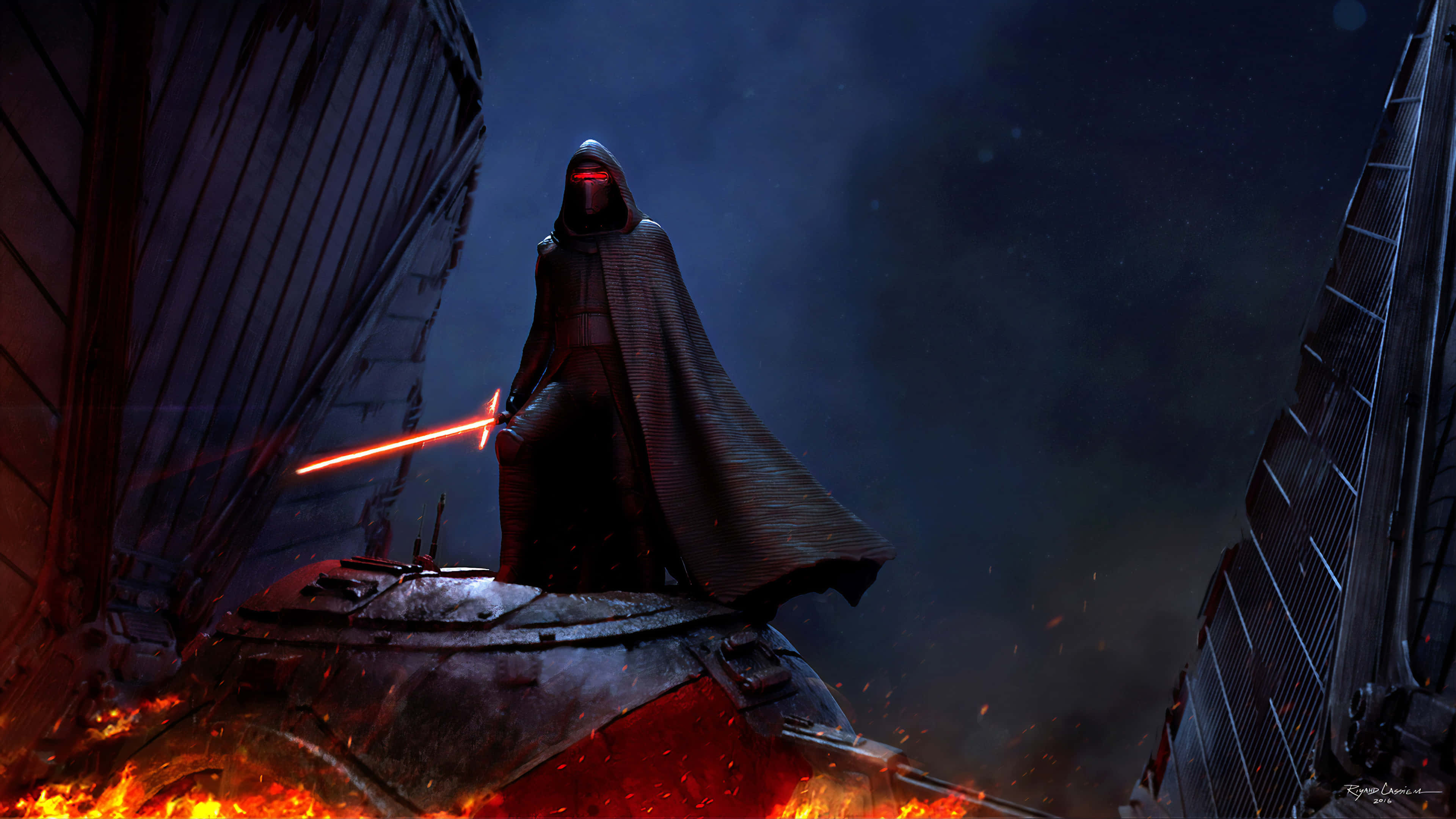 Kylo Ren, red lightsaber, burning wreck, 4K Desktop Wallpaper