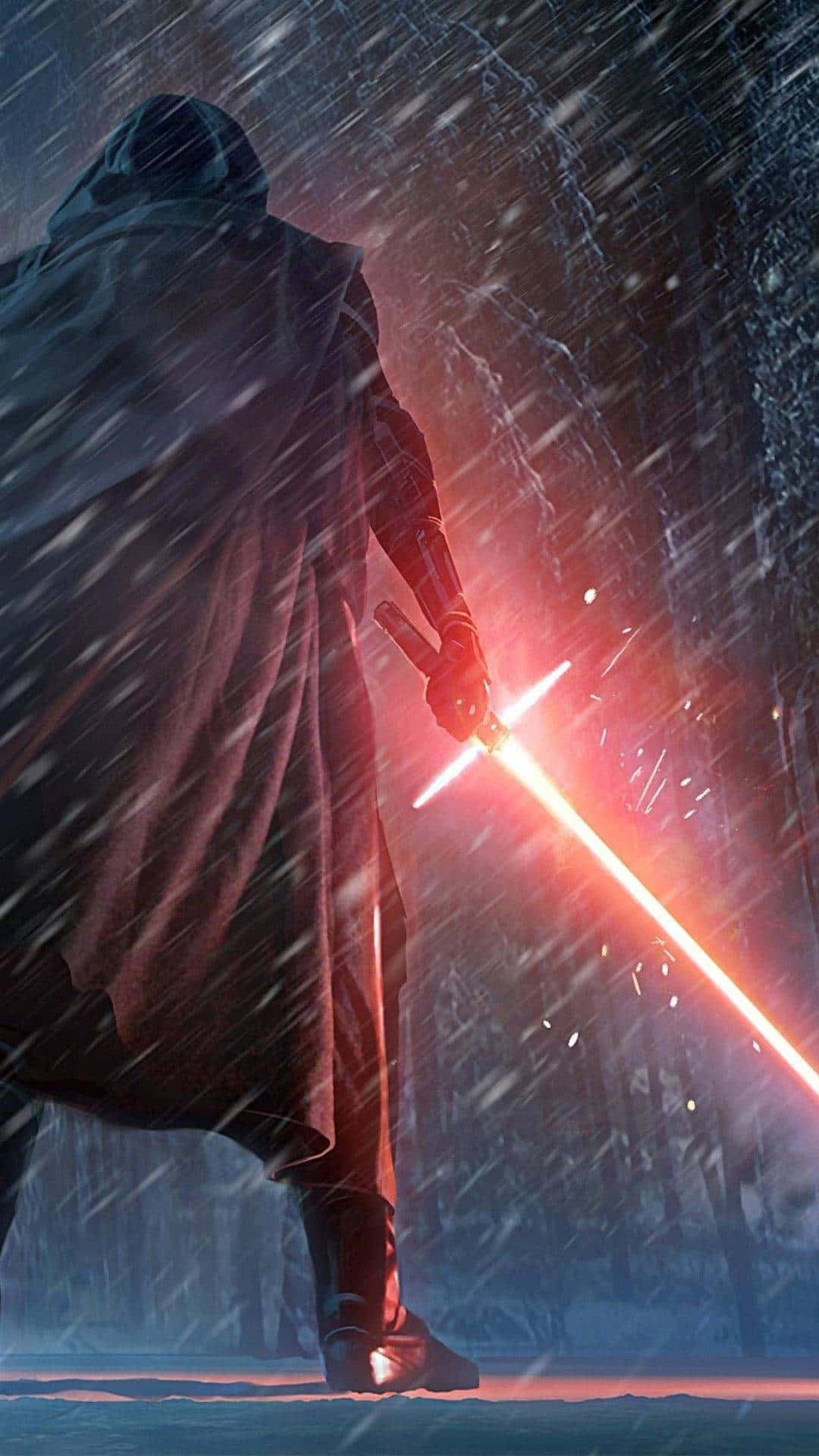 Kylo Ren, glowing red lightsaber, falling snow, Full HD Phone Wallpaper