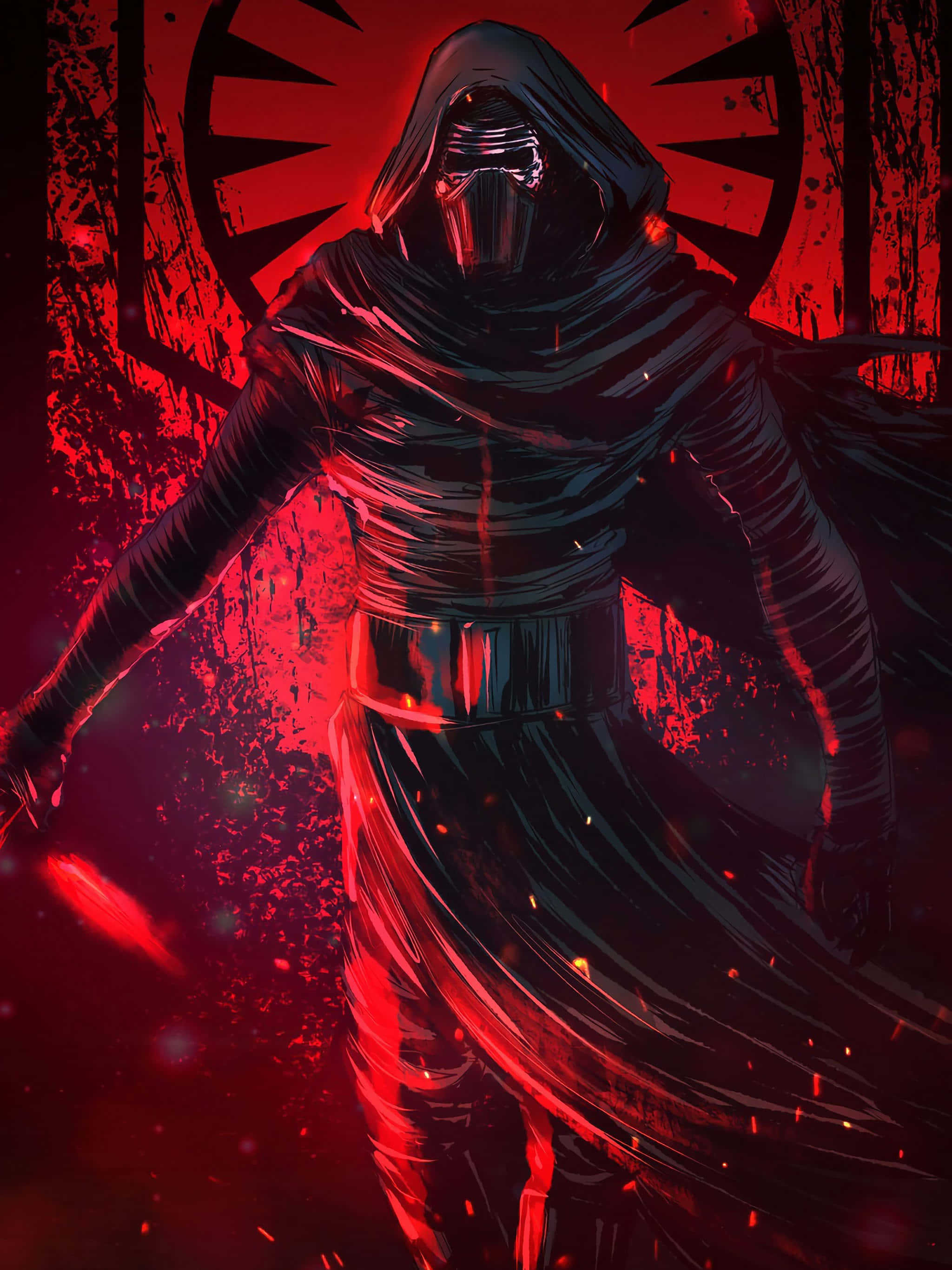 Kylo Ren, black armor, blood-red background, 2K Phone Wallpaper