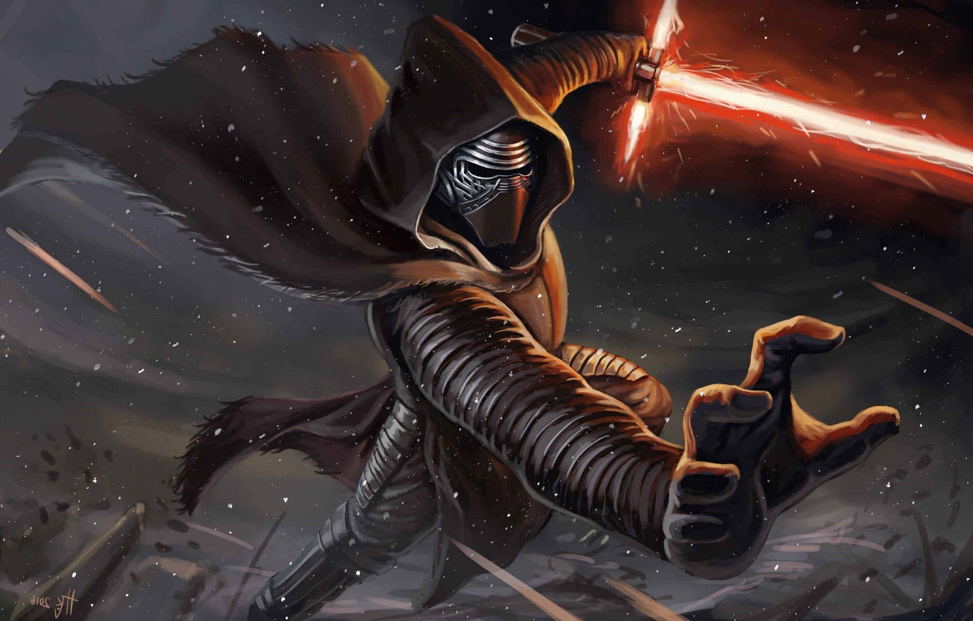 Kylo Ren, glowing red lightsaber, hooded dark knight, Full HD Desktop Wallpaper