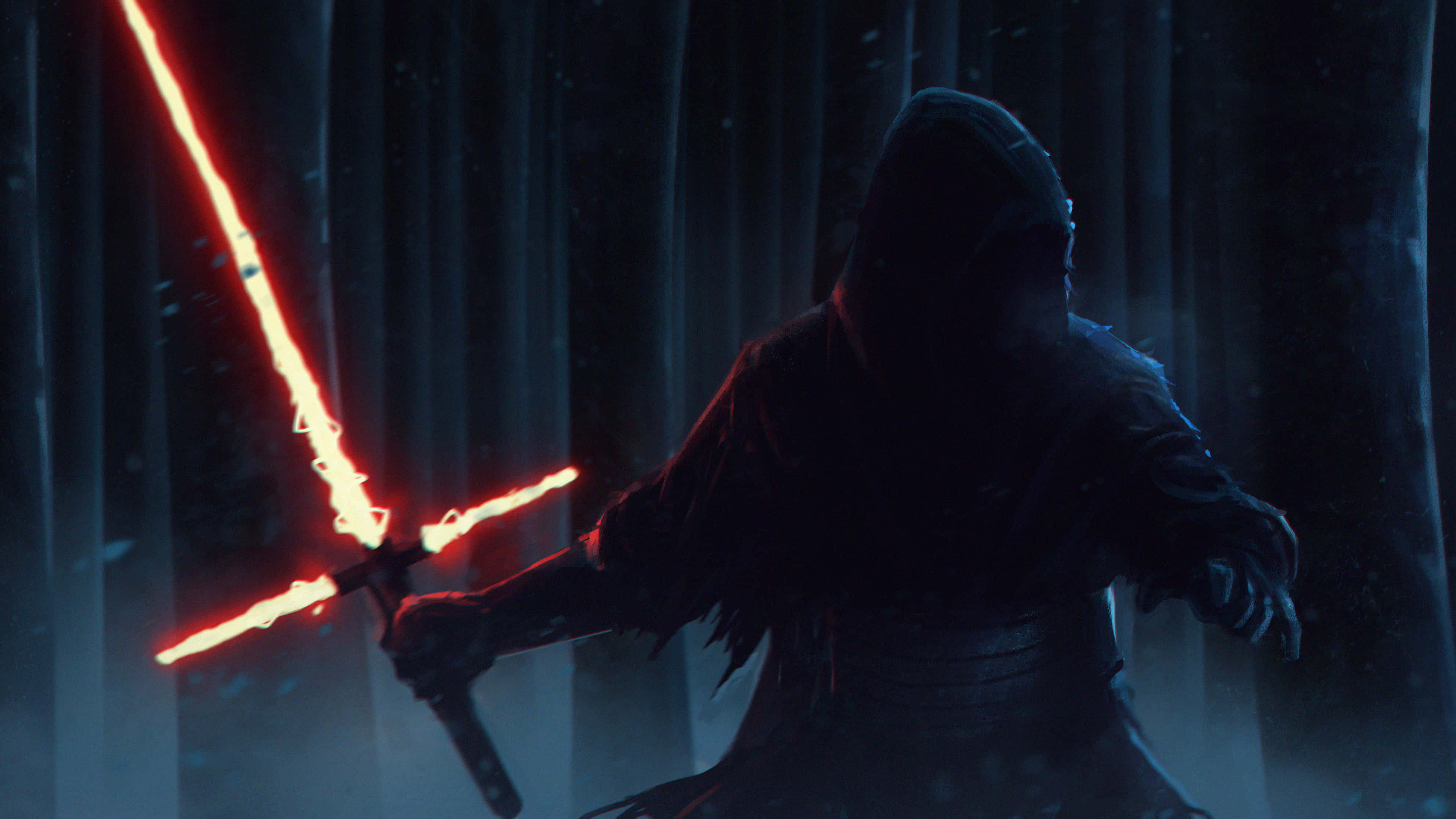Kylo Ren, glowing red lightsaber, misty forest, 4K Desktop Wallpaper
