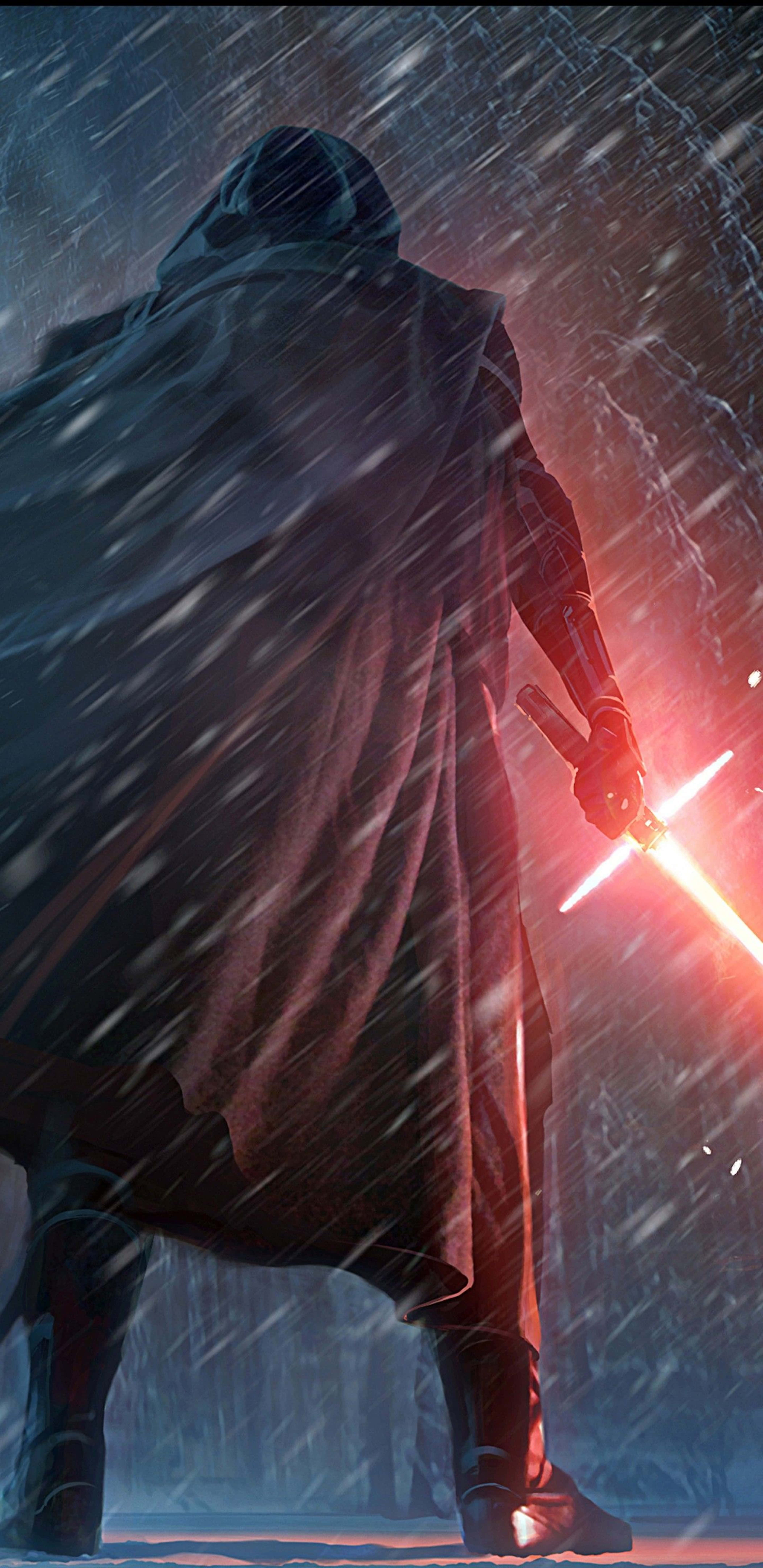 Kylo Ren, glowing red lightsaber, blizzard, 8K Phone Wallpaper