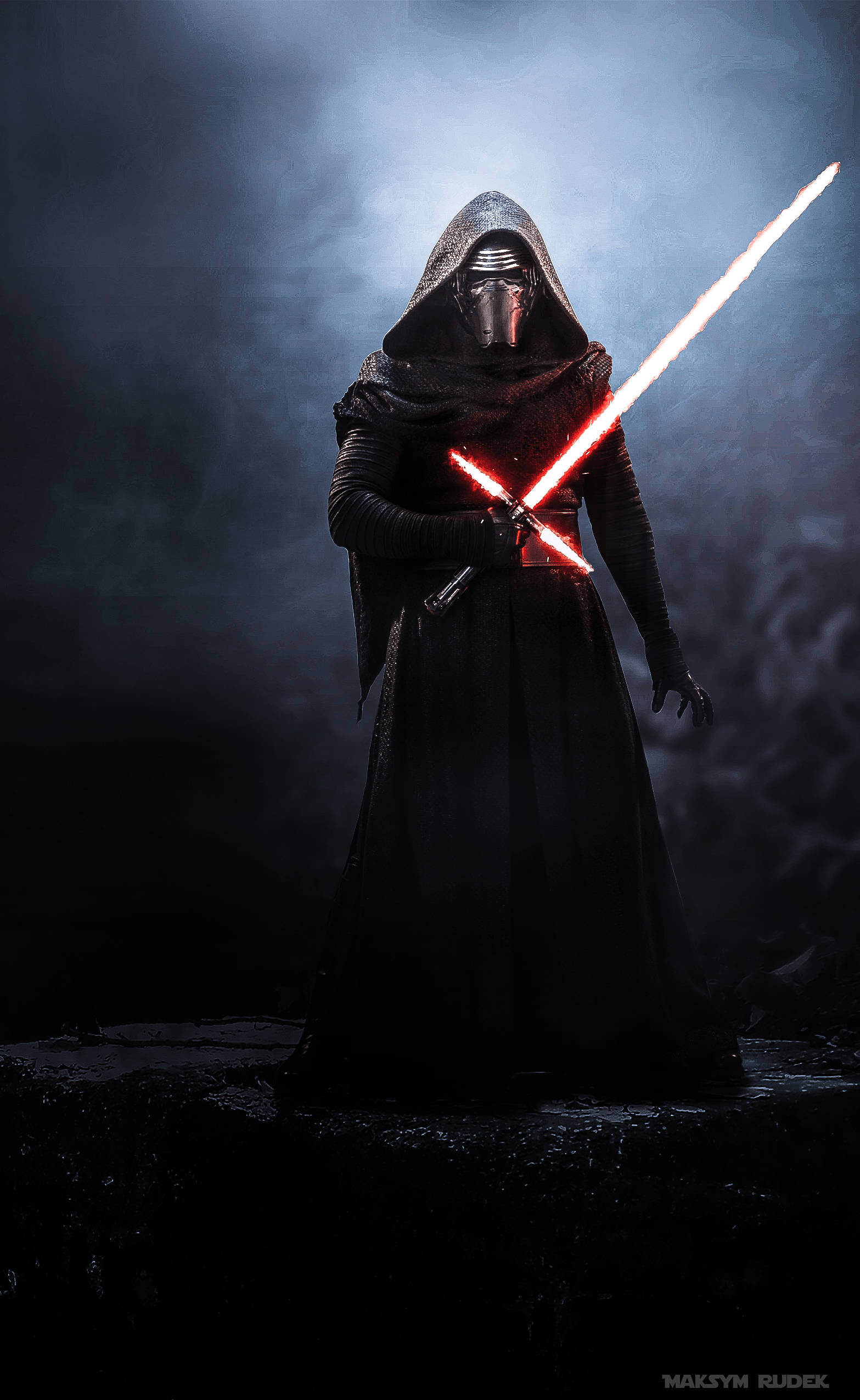 Kylo Ren, cloaked masked figure, glowing red lightsabers, Full HD Phone Wallpaper