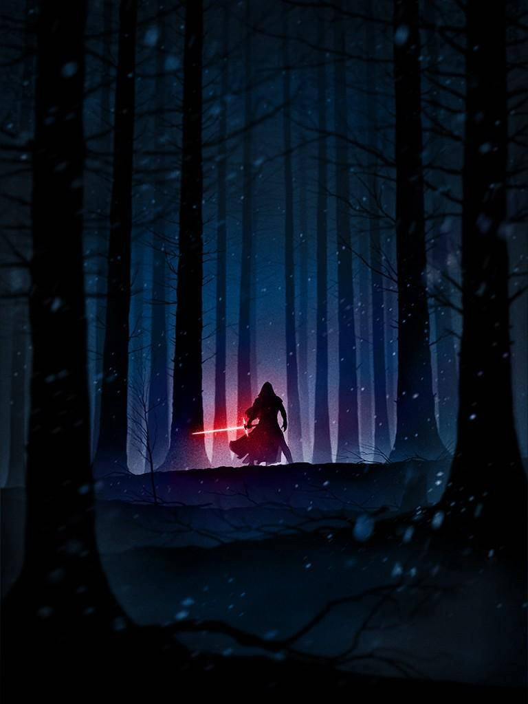 Kylo Ren, glowing red lightsaber, snowy forest, SD Phone Wallpaper