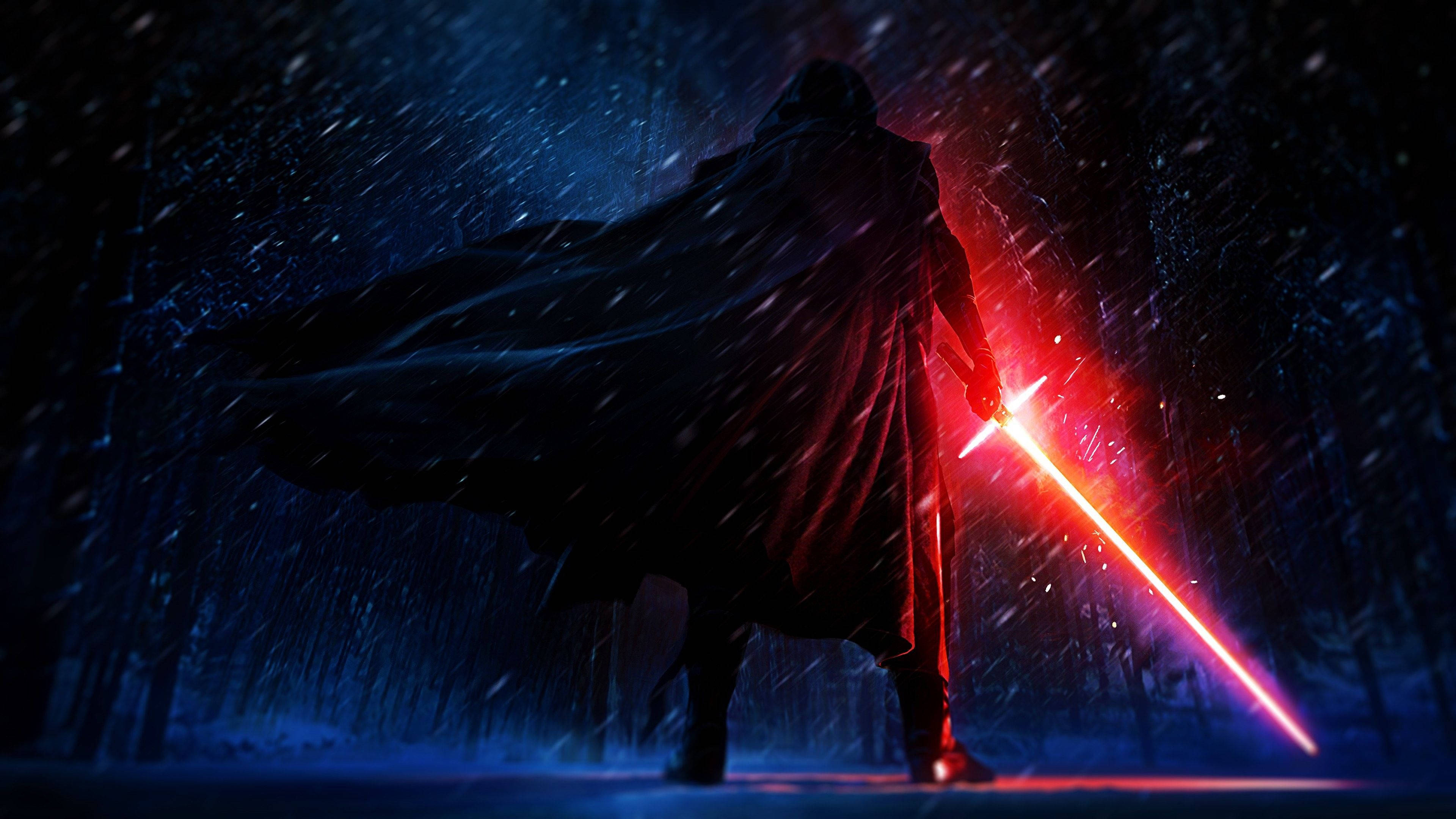Kylo Ren, red lightsaber, snowy forest, 4K Desktop Wallpaper