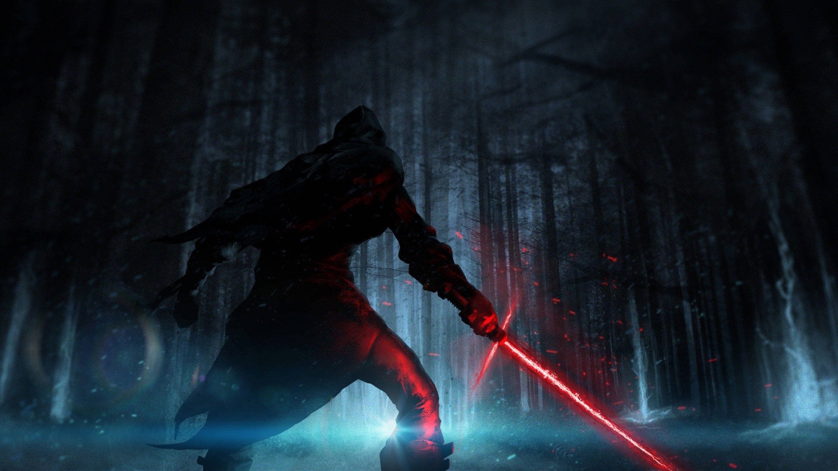 Kylo Ren, glowing red sword, dark misty forest, 2K Desktop Wallpaper
