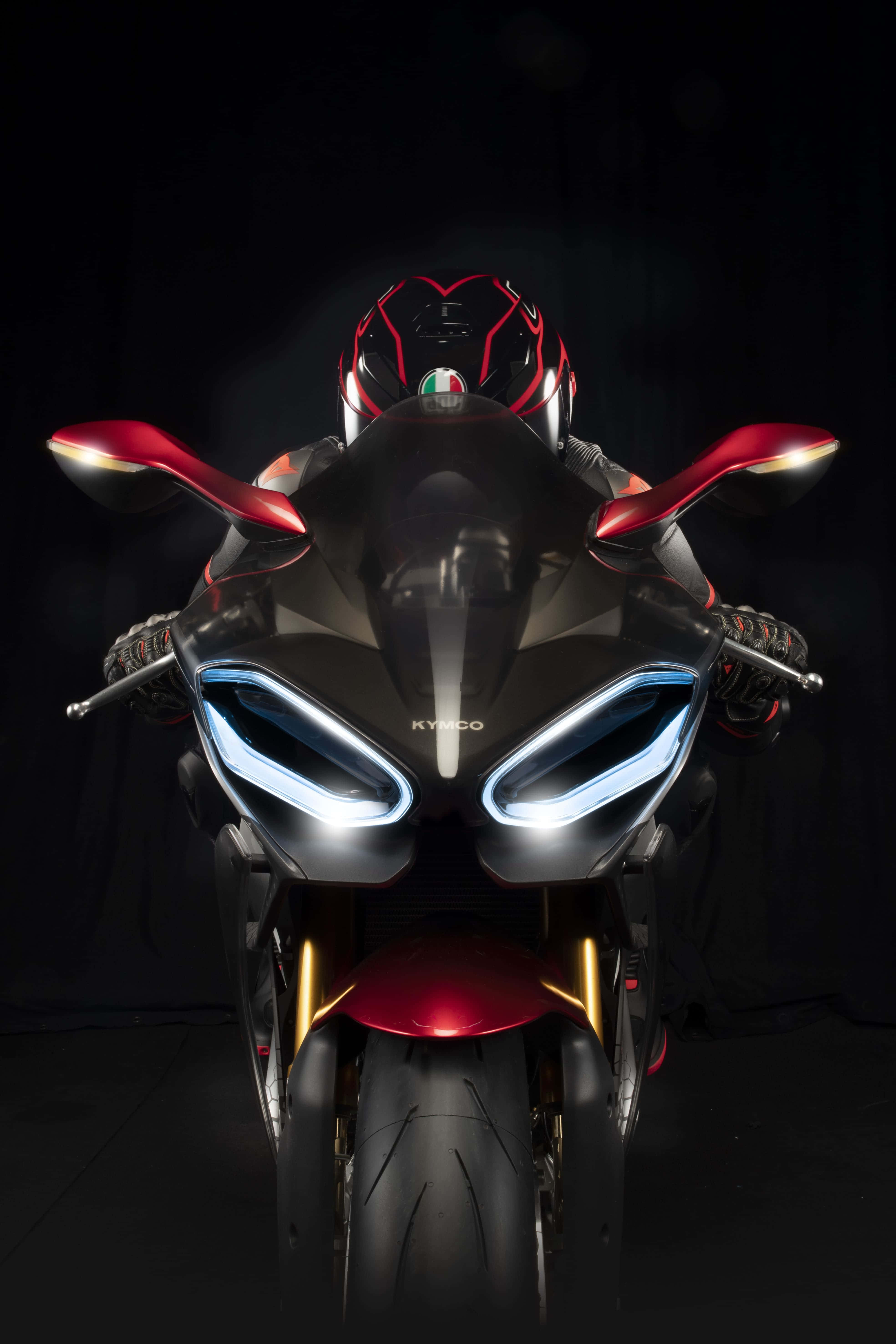 Kymco, futuristic black and red motorcycle, glowing blue headlights, 5K Phone Wallpaper