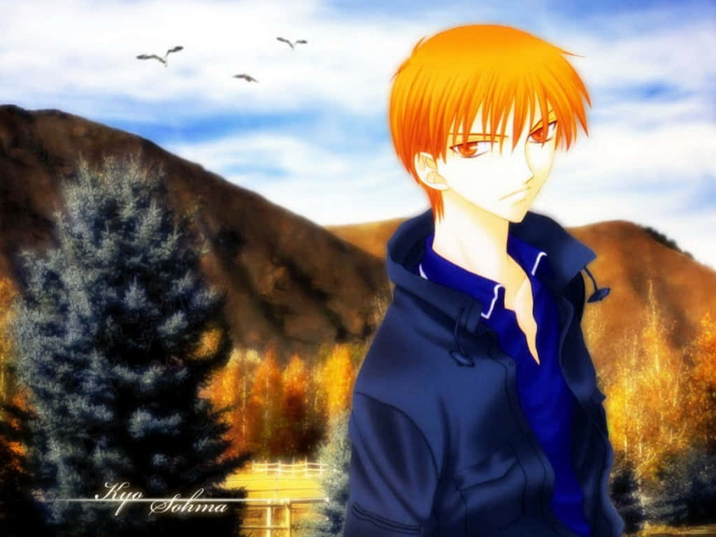 Kyo Sohma, orange hair, autumnal forest, SD Desktop Wallpaper
