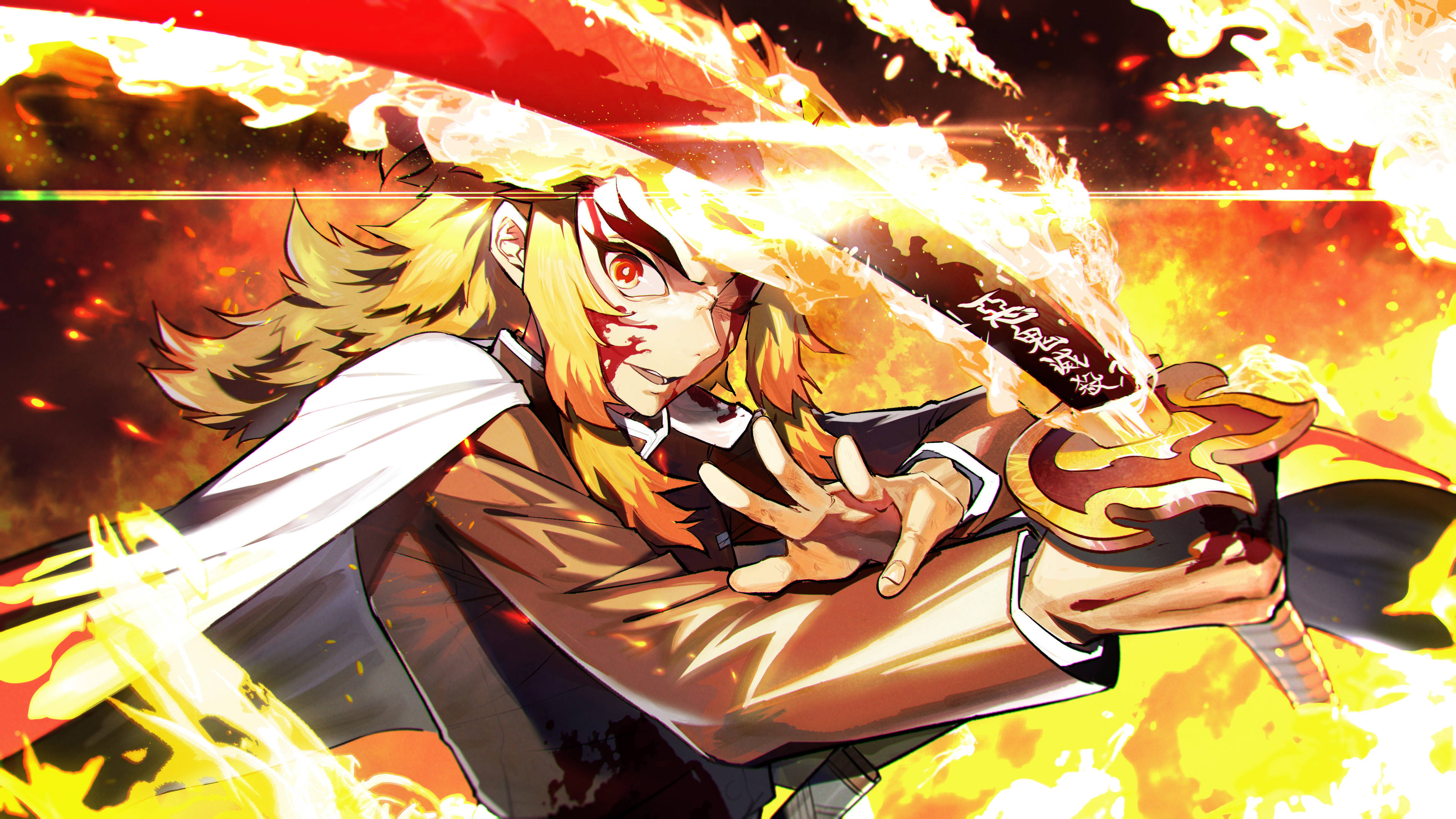 Kyojuro Rengoku, flaming sword, fiery-haired, 4K Desktop Wallpaper