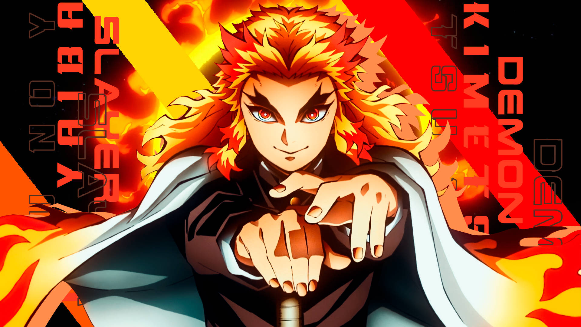 Kyojuro Rengoku, fiery orange hair, intense gaze, Full HD Desktop Wallpaper
