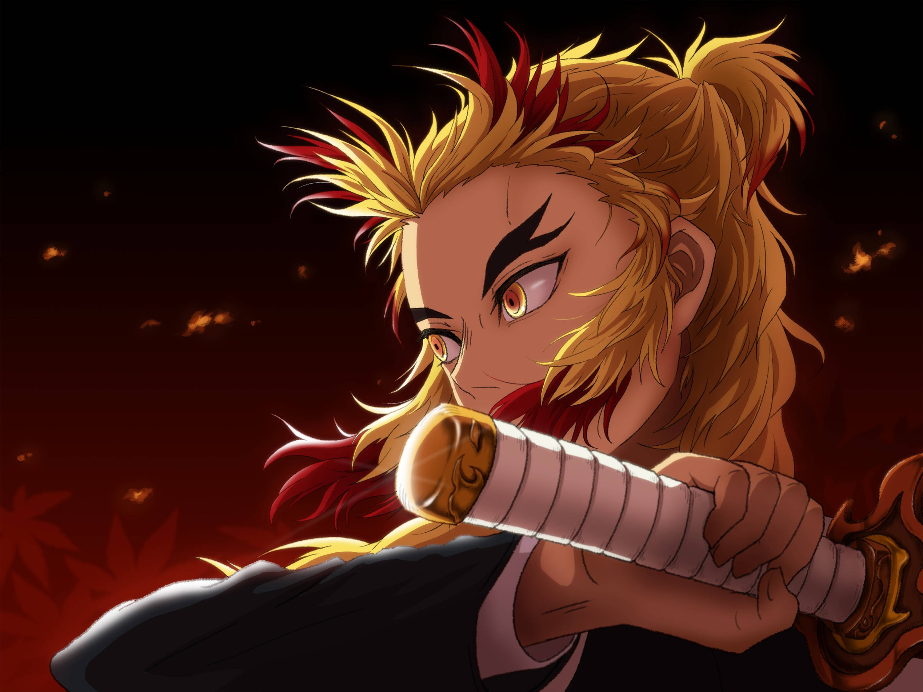 Kyojuro Rengoku, sword, fiery-haired anime warrior, 2K Desktop Wallpaper