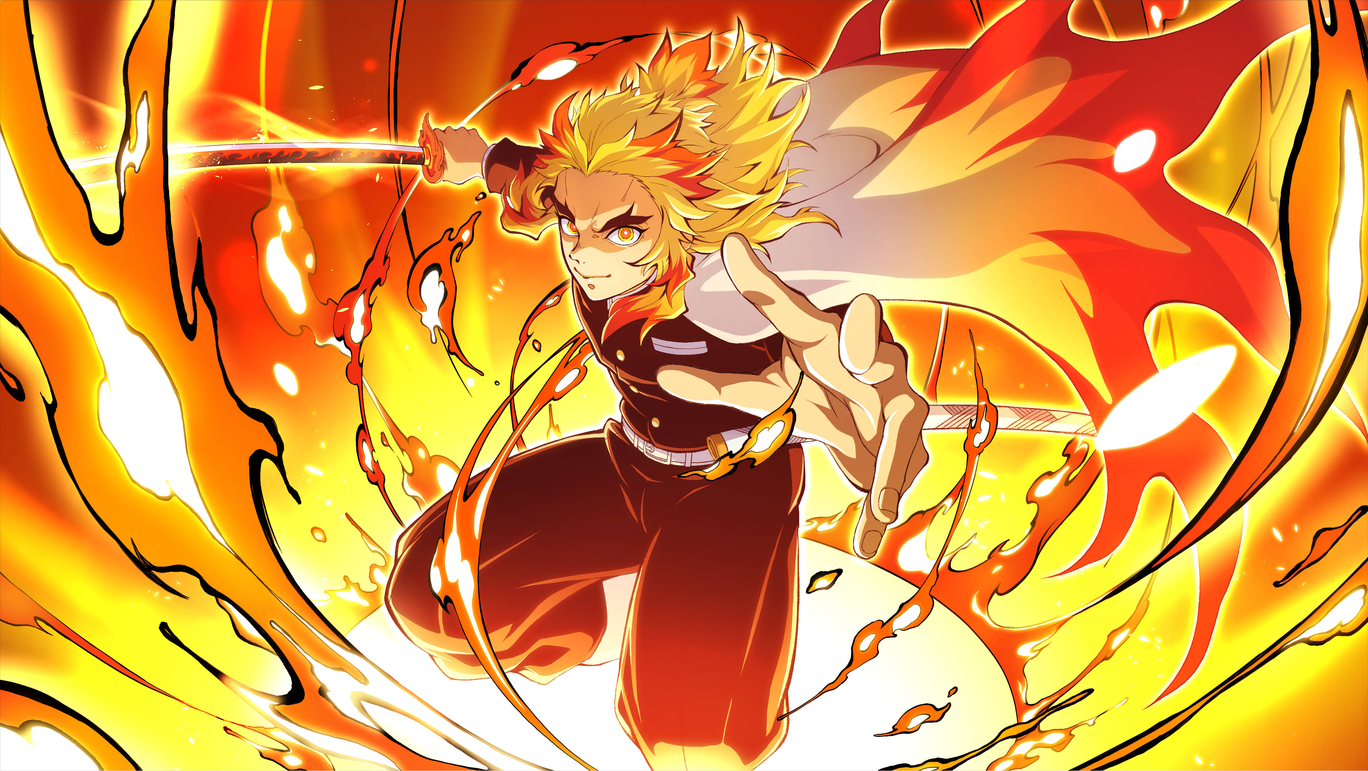 Kyojuro Rengoku, fiery-haired, anime warrior, 4K Desktop Wallpaper