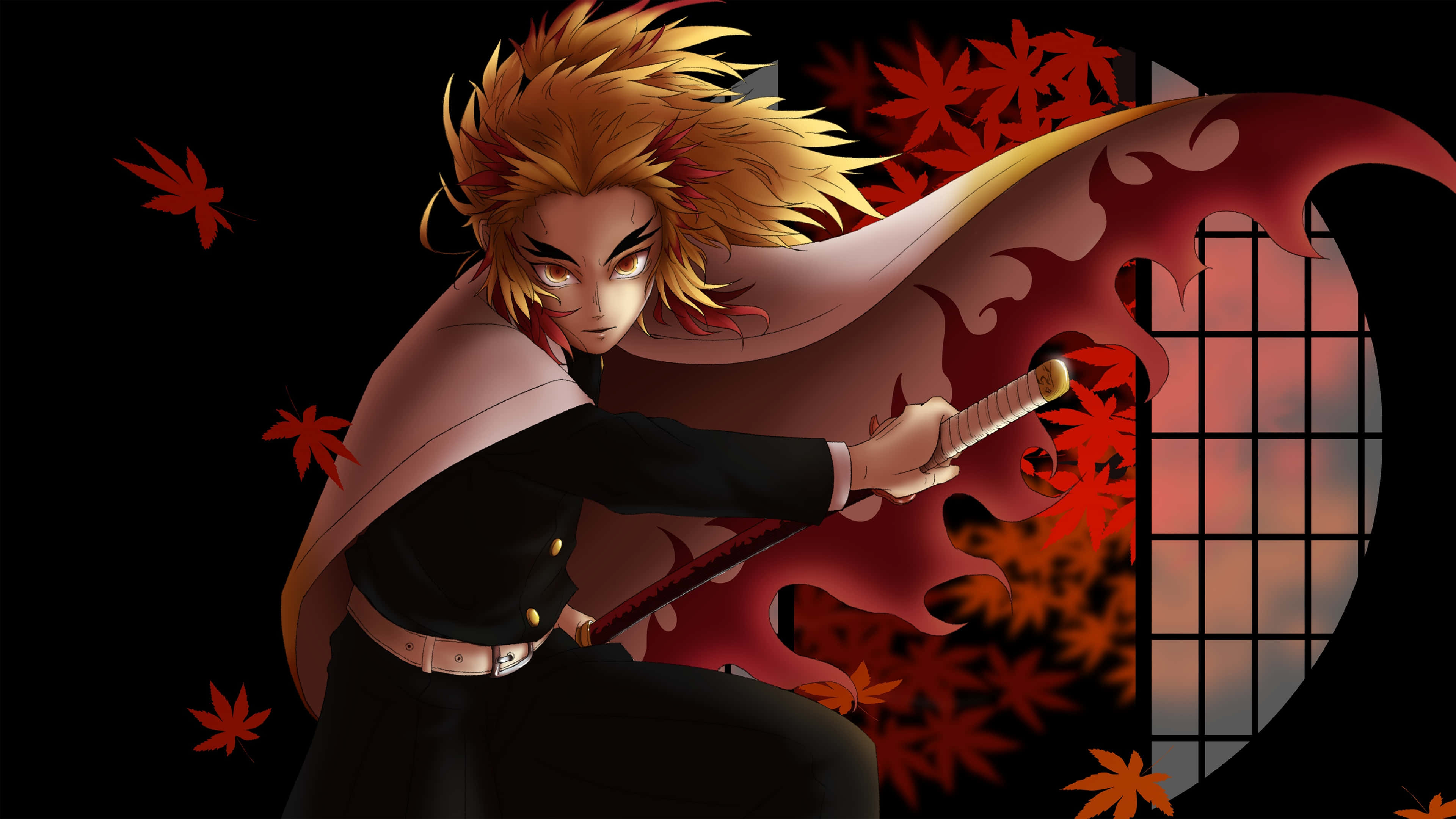 Kyojuro Rengoku, red hair, black uniform, 4K Desktop Wallpaper