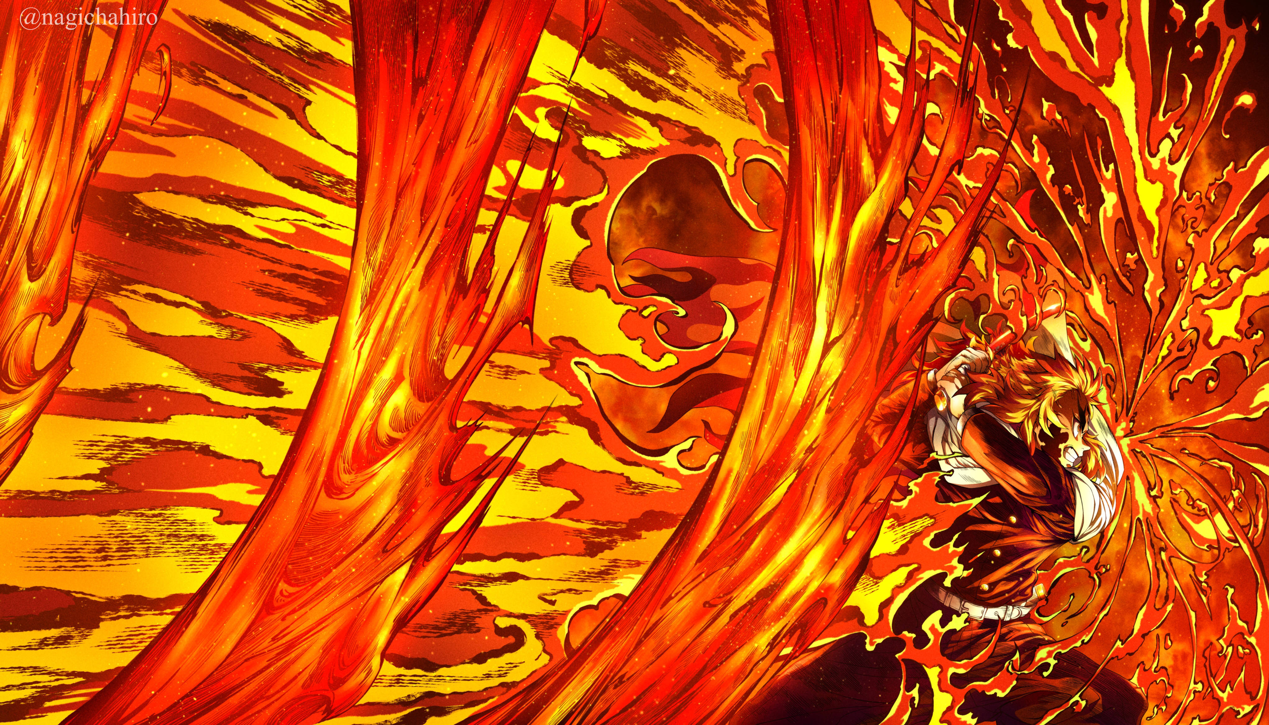 Kyojuro Rengoku, golden hair, flames, 4K Desktop Wallpaper