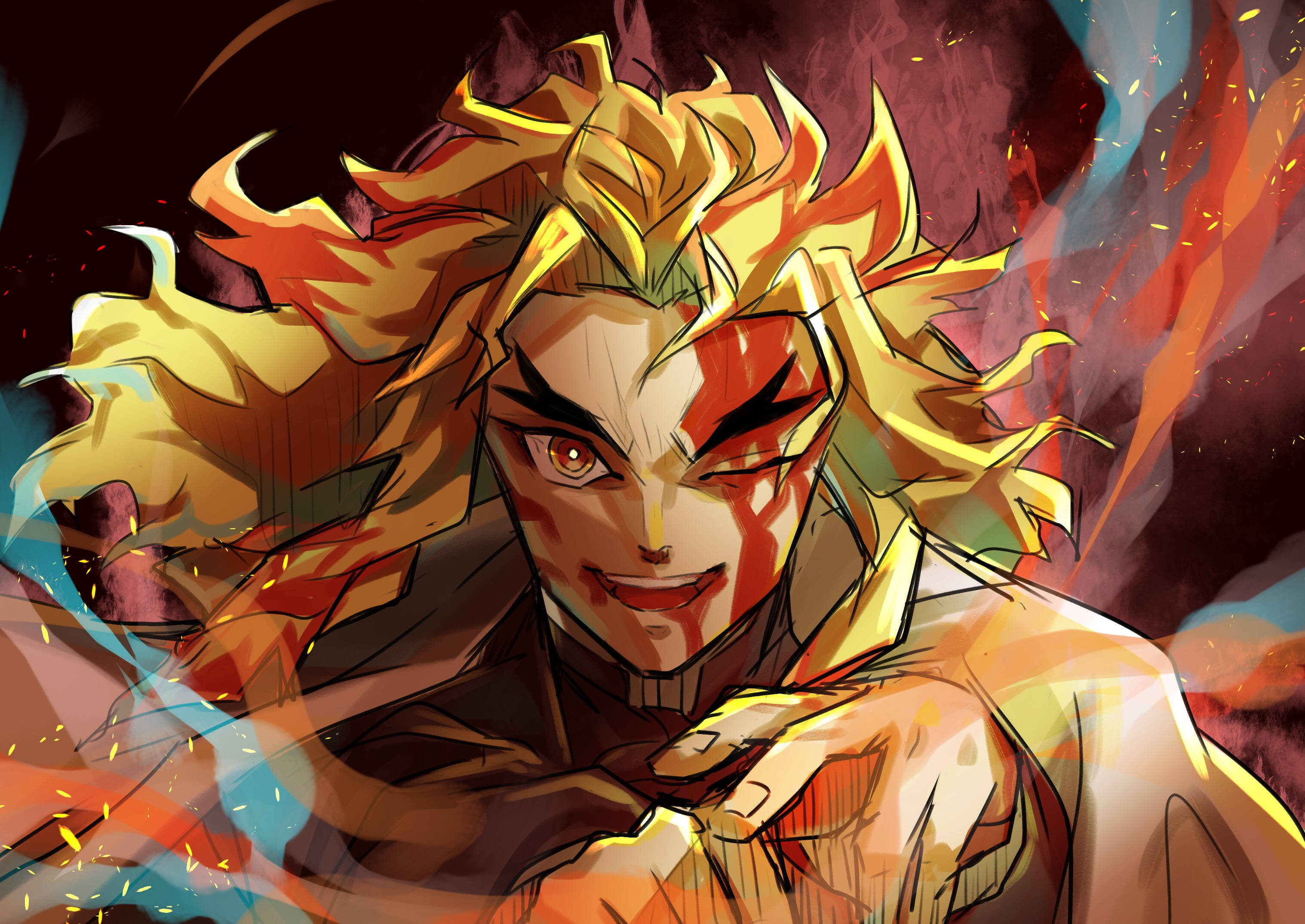 Kyojuro Rengoku, fiery-haired, red markings, 2K Desktop Wallpaper