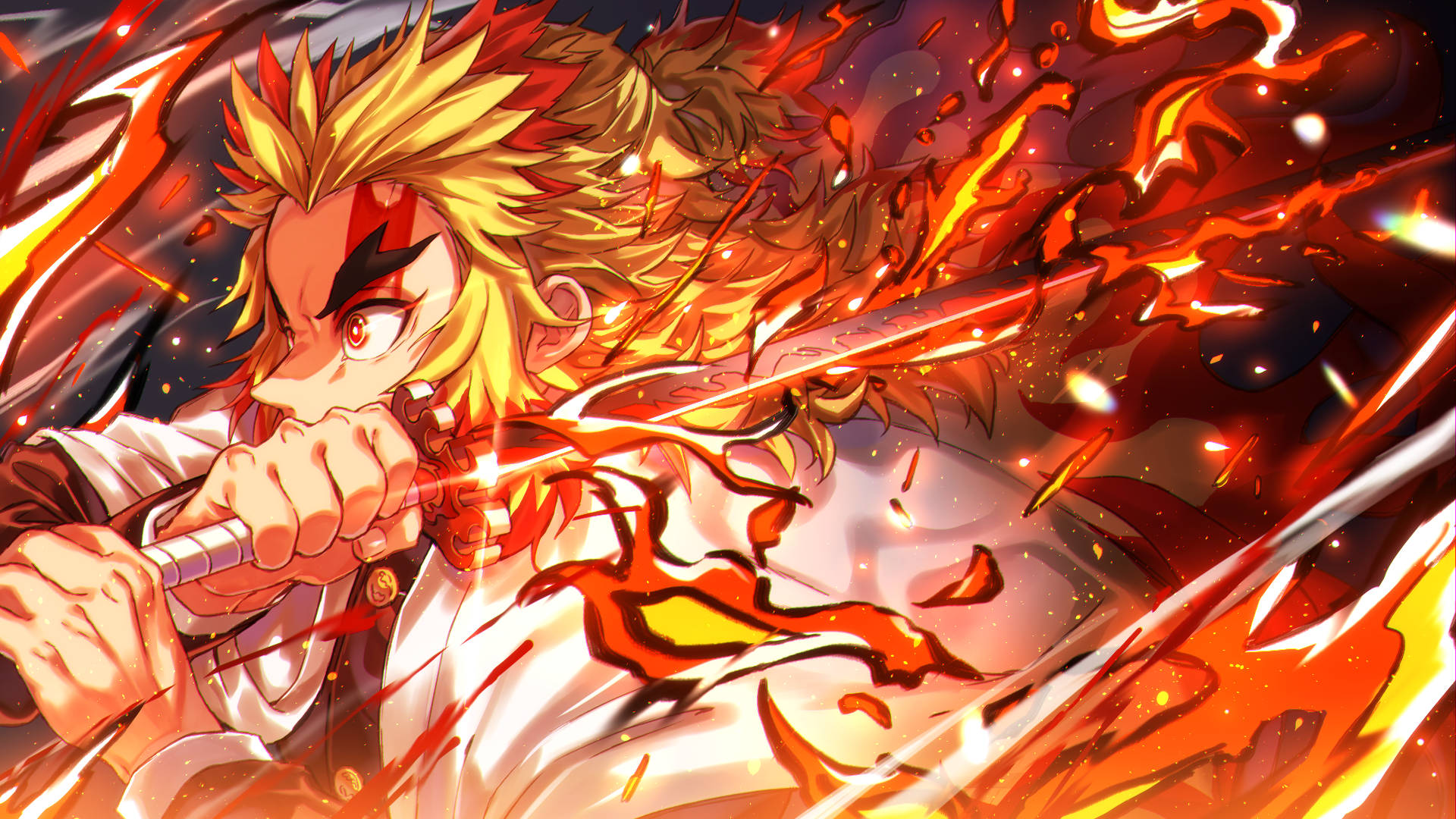 Kyojuro Rengoku, fiery sword, fiery-haired, Full HD Desktop Wallpaper