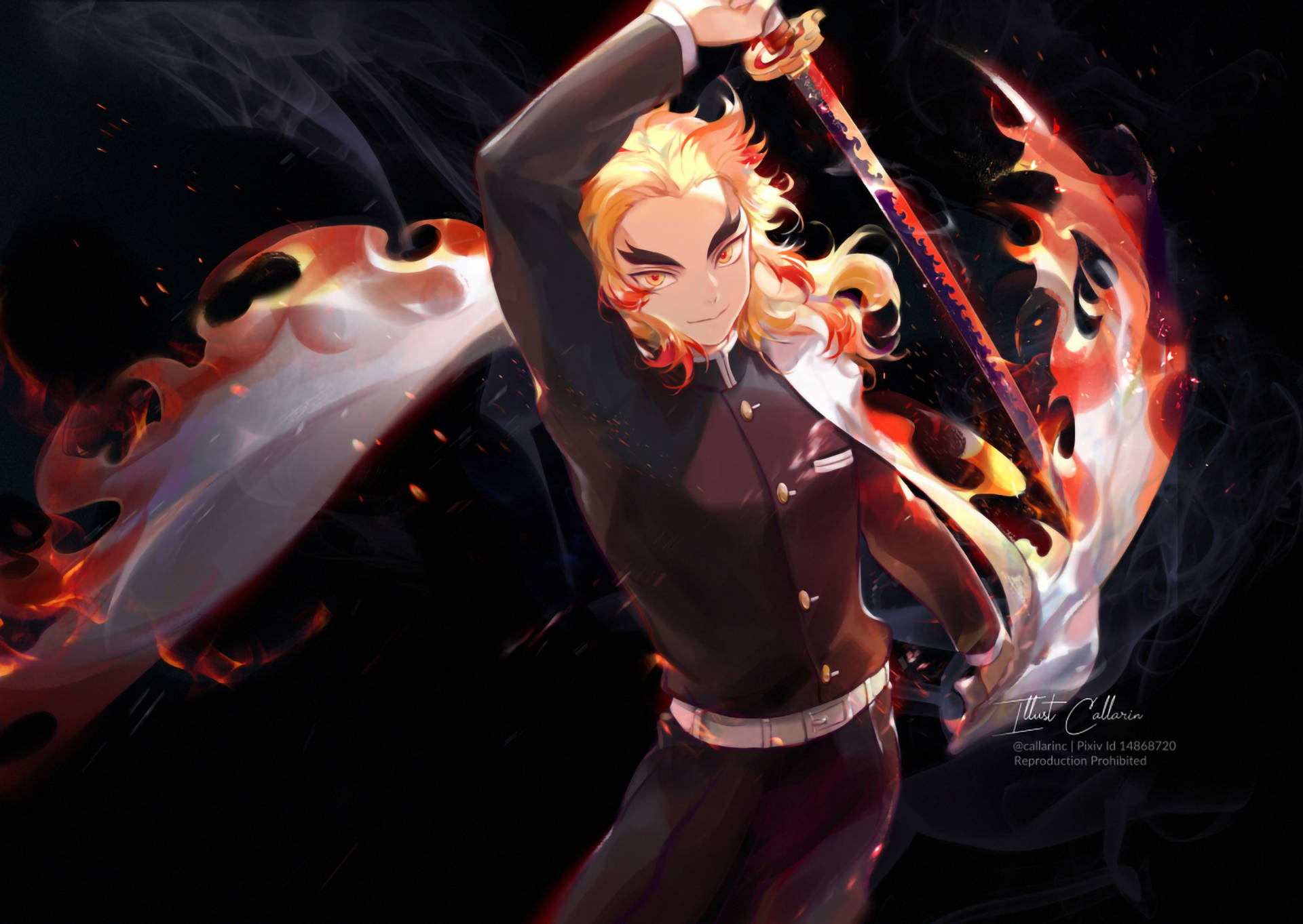 Kyojuro Rengoku, fiery-haired, dark uniform, Full HD Desktop Wallpaper