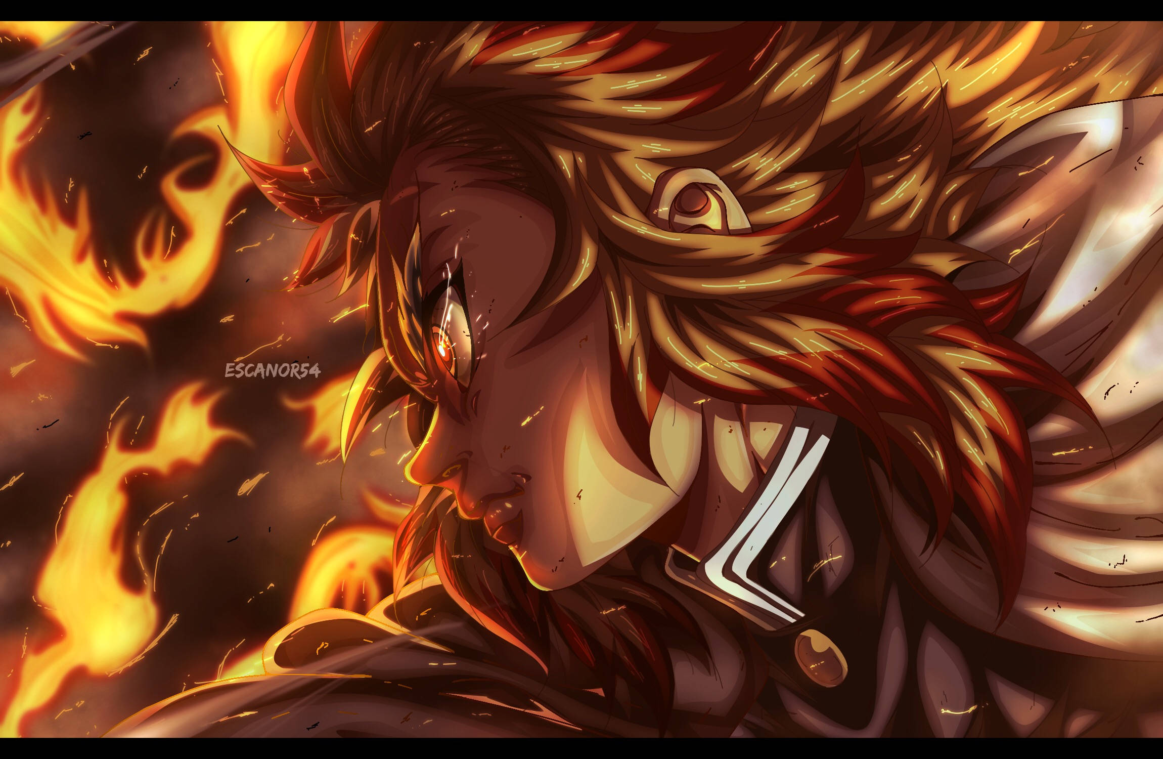Kyojuro Rengoku, fiery-haired, glowing eyes, Full HD Desktop Wallpaper
