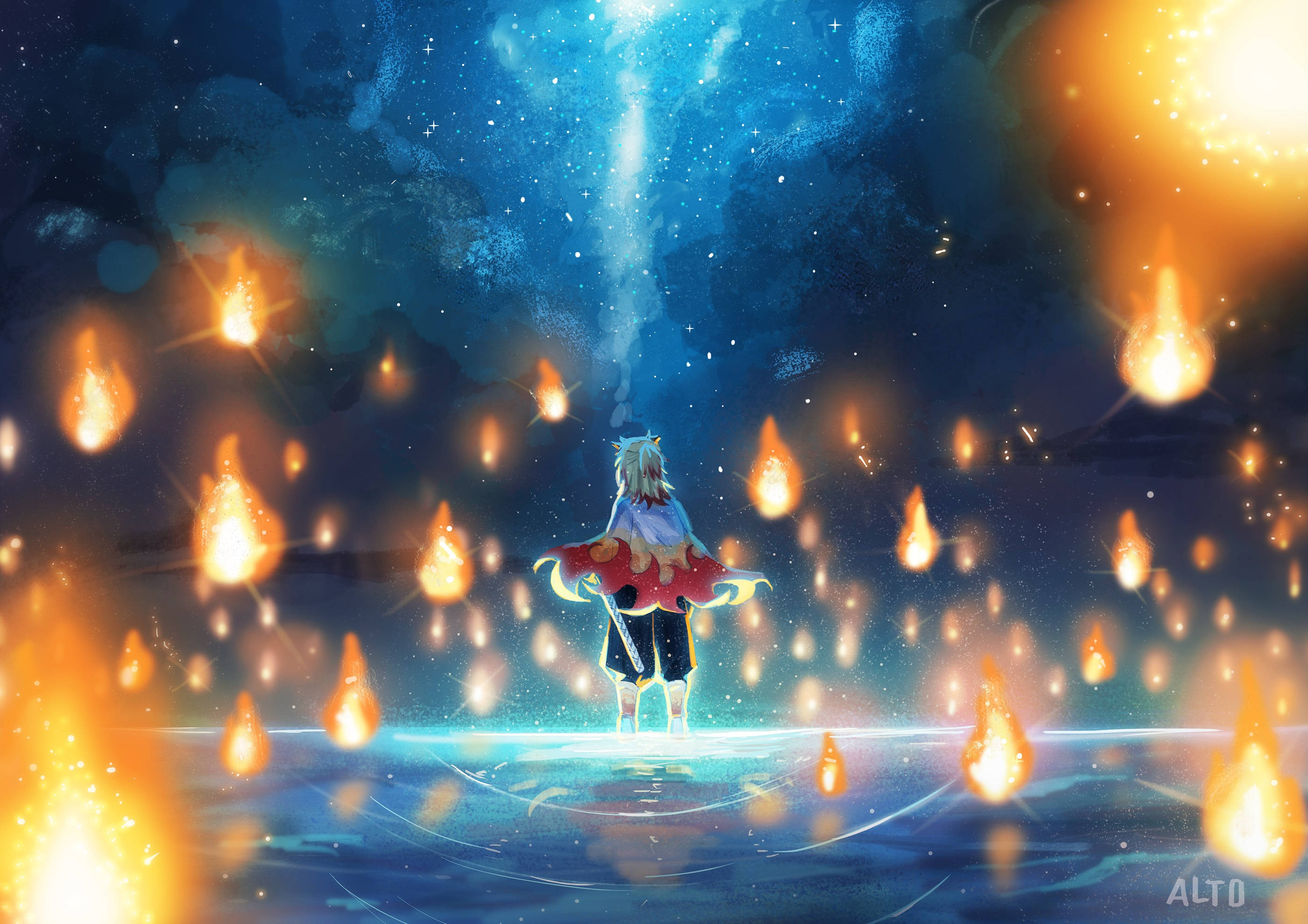 Kyojuro Rengoku, starry sky, glowing water, 2K Desktop Wallpaper