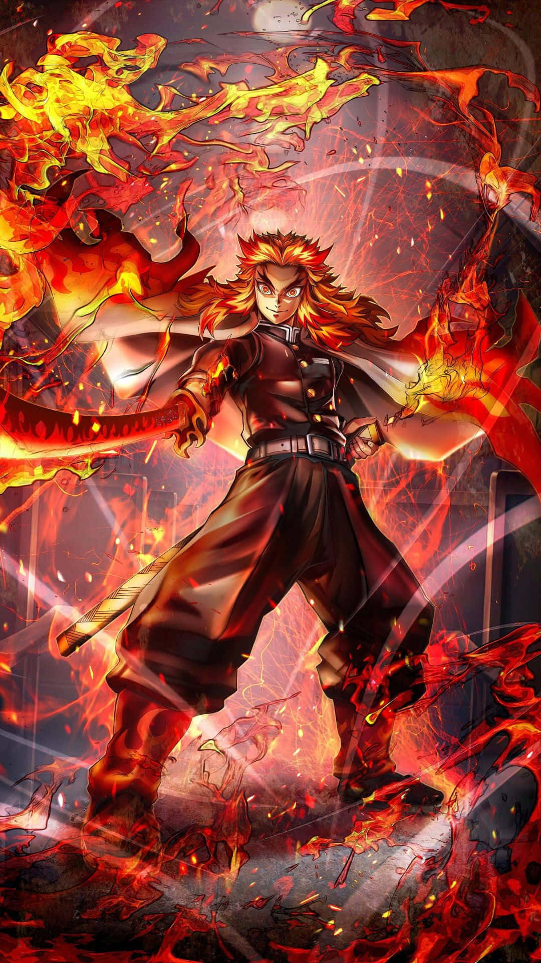 Kyojuro Rengoku, flaming sword, spiky red hair, Full HD Phone Wallpaper