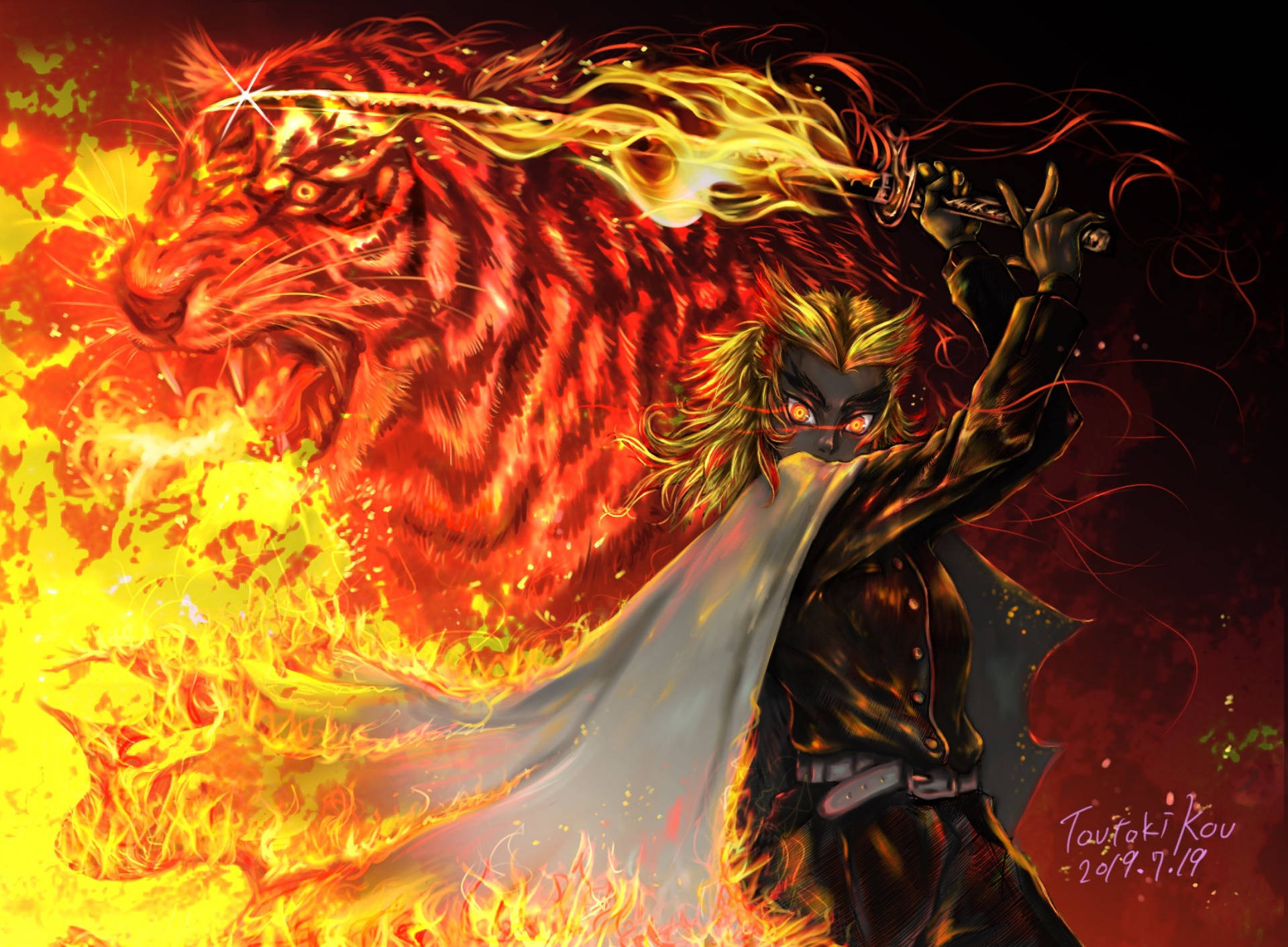 Kyojuro Rengoku, flaming sword, blazing tiger, Full HD Desktop Wallpaper