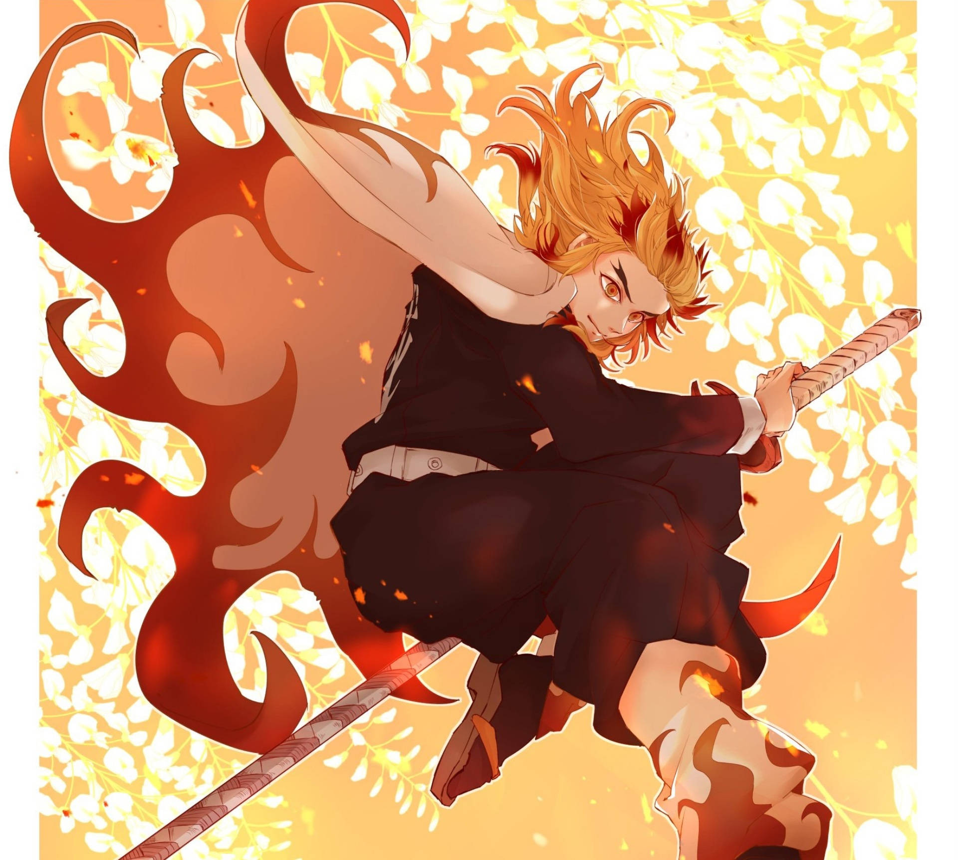 Kyojuro Rengoku, fiery orange hair, red flame aura, Full HD Desktop Wallpaper