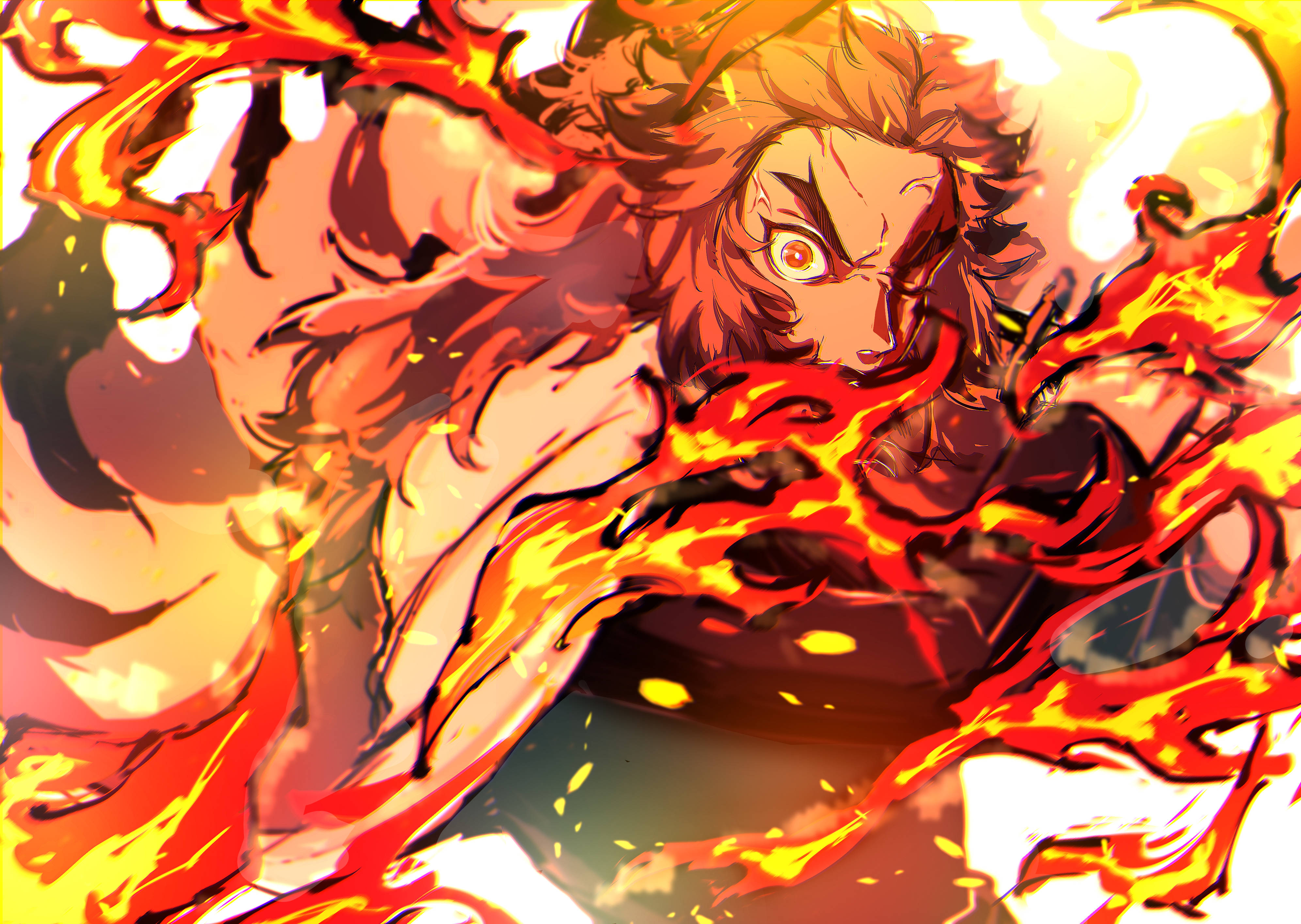 Kyojuro Rengoku, flames, fiery-haired, 4K Desktop Wallpaper