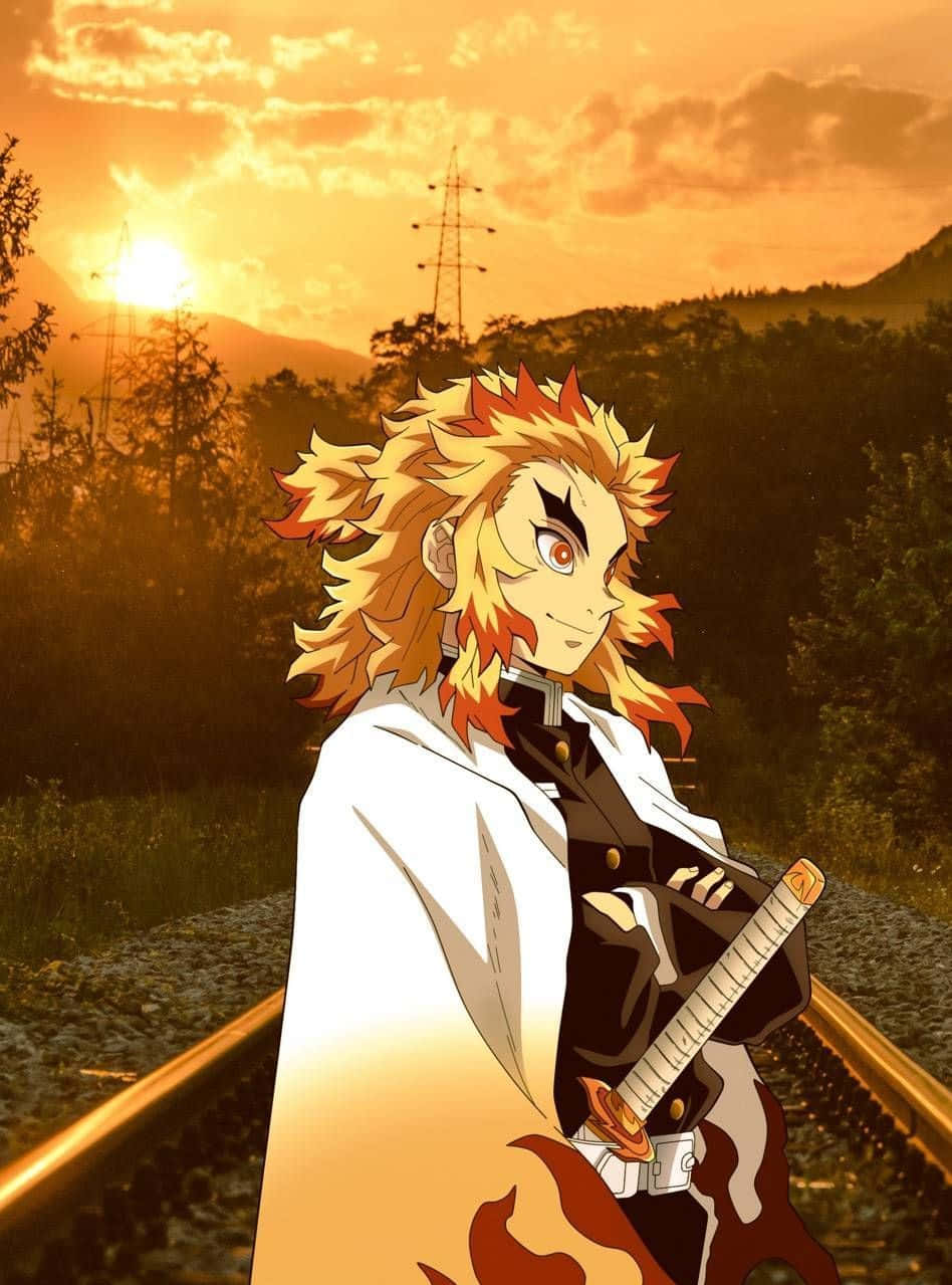 Kyojuro Rengoku, fiery hair, railway tracks, SD Phone Wallpaper