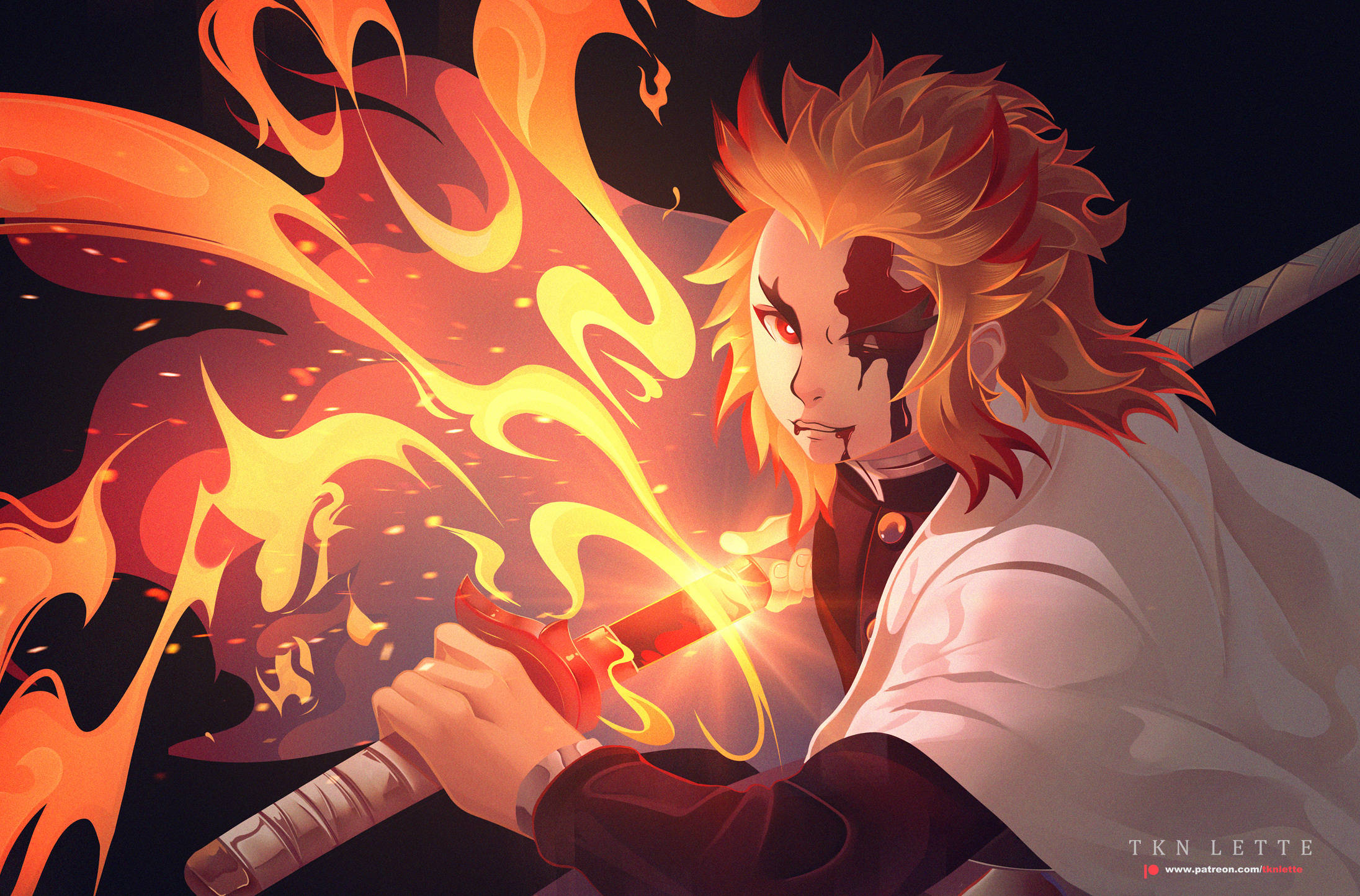Kyojuro Rengoku, flaming sword, fiery-haired, Full HD Desktop Wallpaper