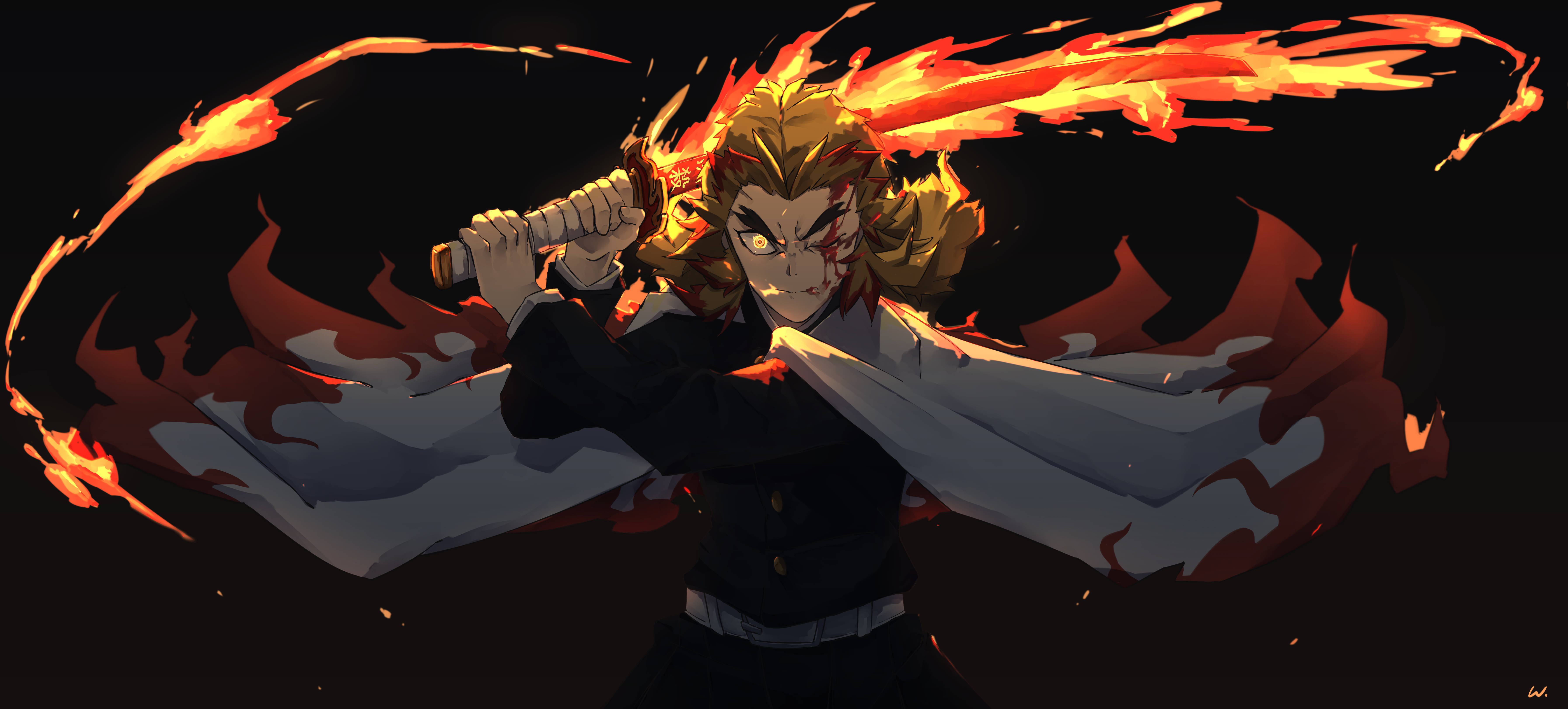 Kyojuro Rengoku, flaming sword, fiery-haired, 5K Desktop Wallpaper