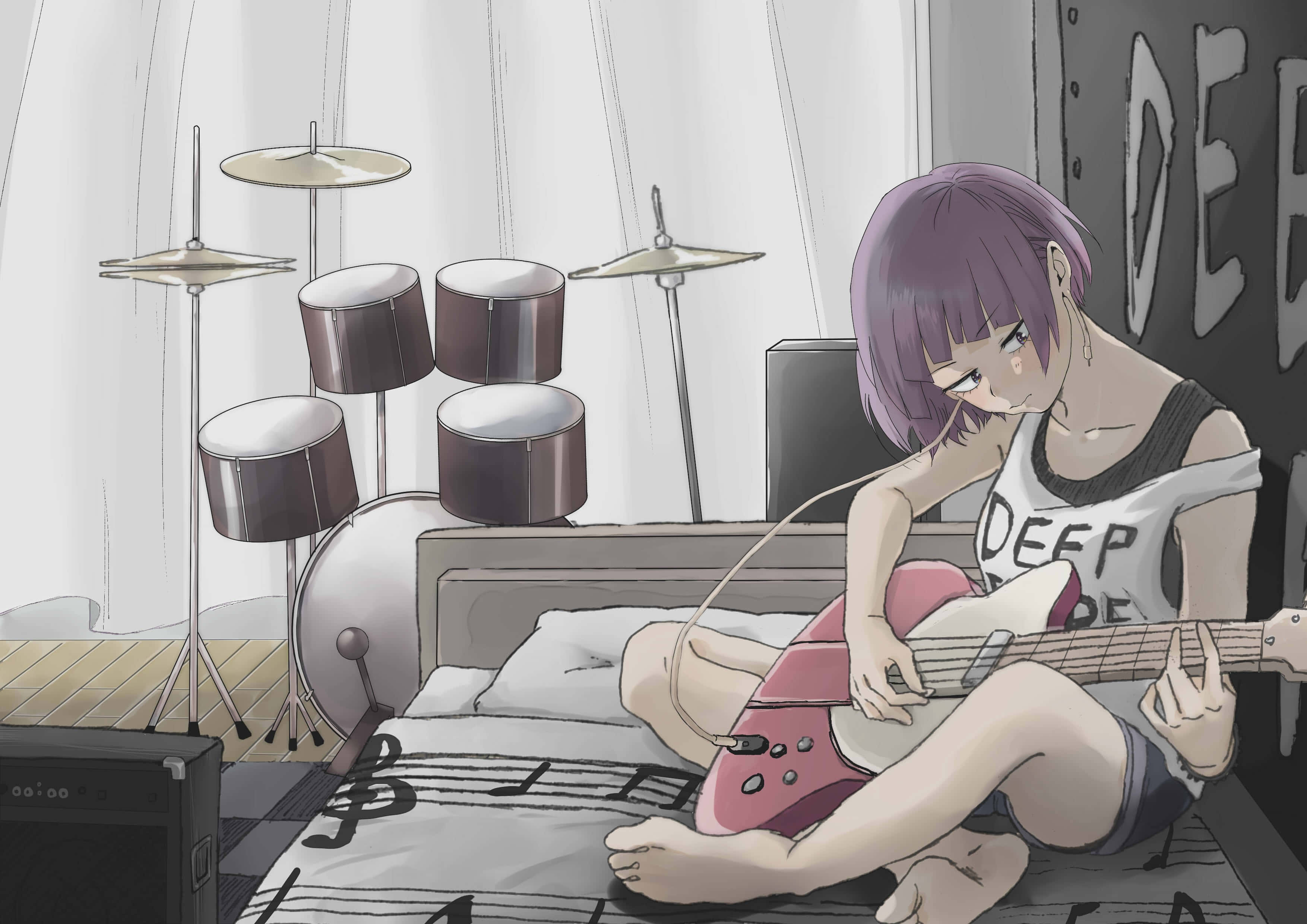 Kyoka Jiro, purple-haired anime girl, pink electric guitar, 2K Desktop Wallpaper