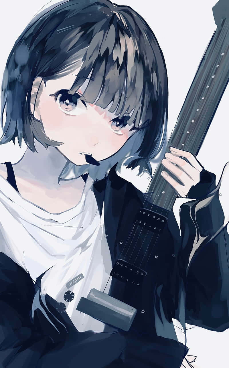 Kyoka Jiro, short dark hair, black electric guitar, HD Phone Wallpaper