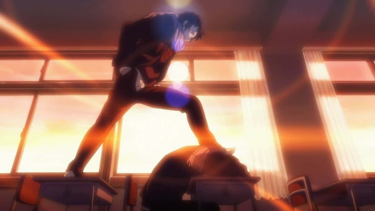 Kyon, classroom, golden sunset light, HD Desktop Wallpaper