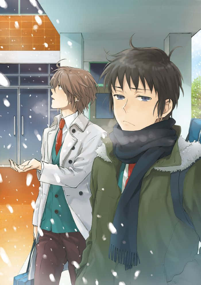 Kyon, anime boys, falling snow, SD Phone Wallpaper