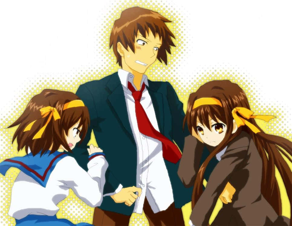 Kyon, anime students, school uniforms, SD Desktop Wallpaper